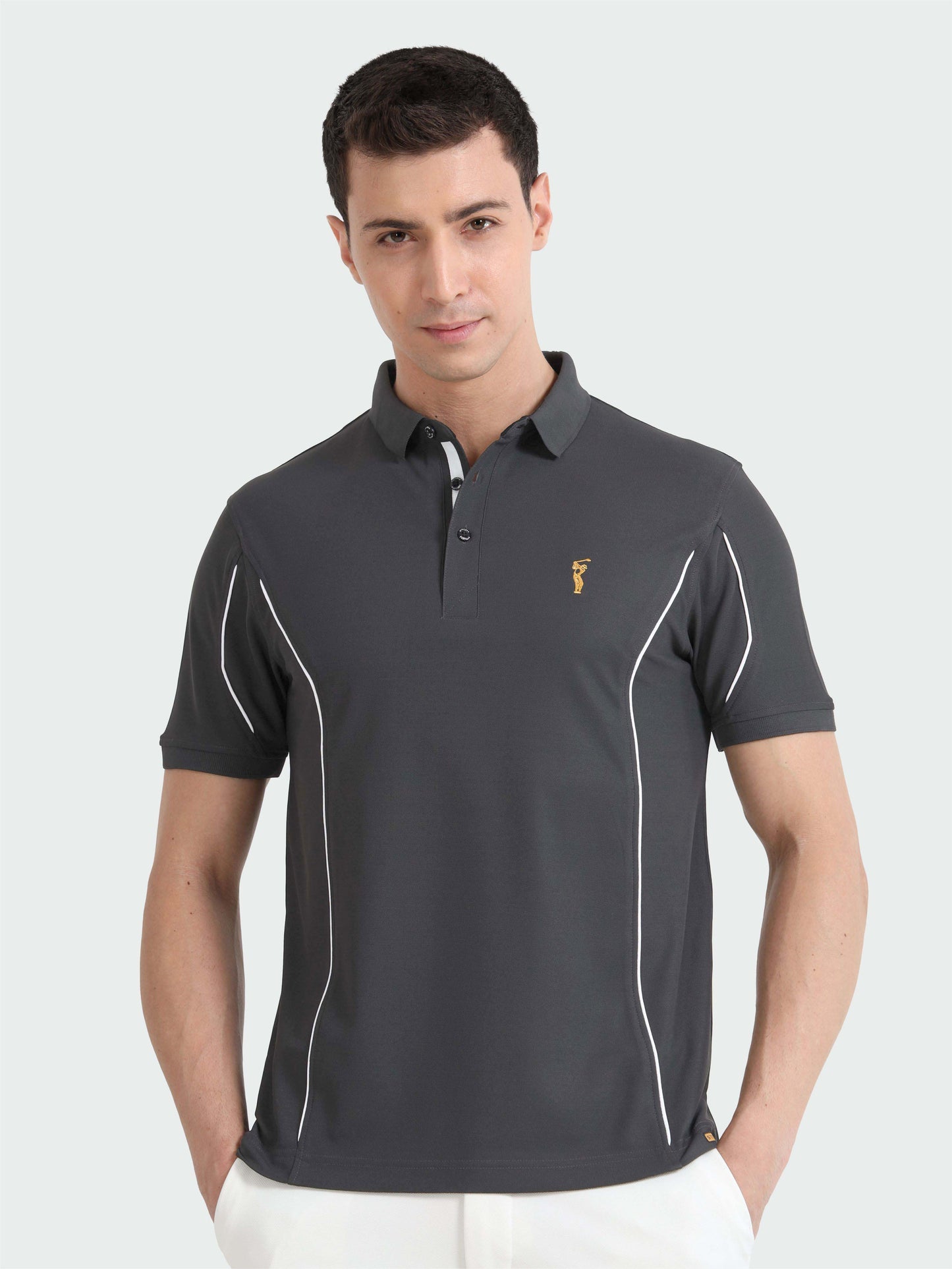 Dark Grey-Men's Piping Design Polo T-Shirt | Wrinkle-Free | Quick Dry | Stretchable | Odour-Free | UV Protected