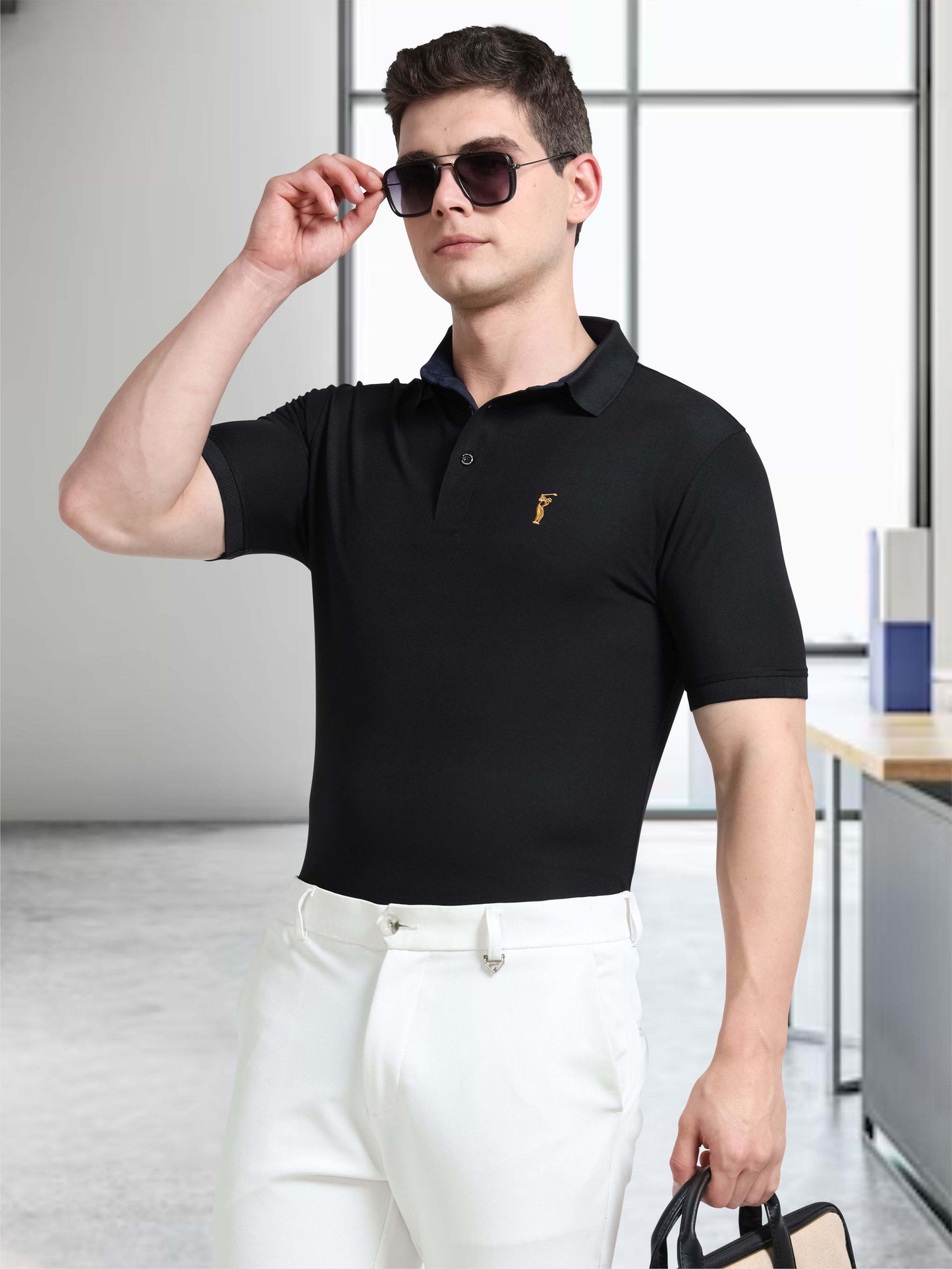 Men Black Premium Golf Polo T-Shirt | Quick Dry | Stretchable | UV Protected | Wrinkle & Odour-Free