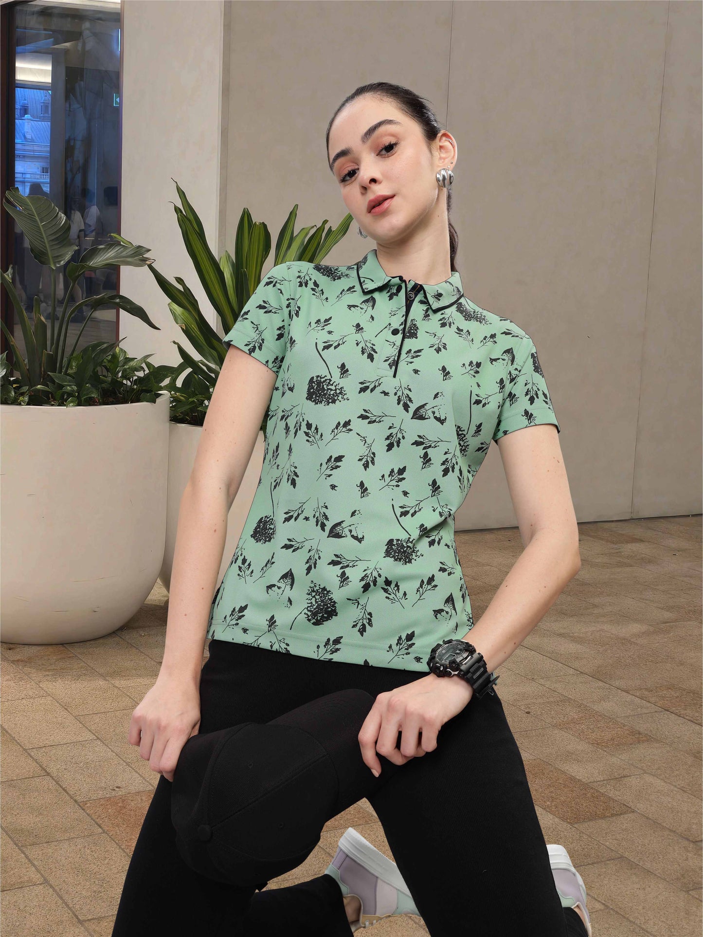 Misty Green Women's Printed Polo T Shirt