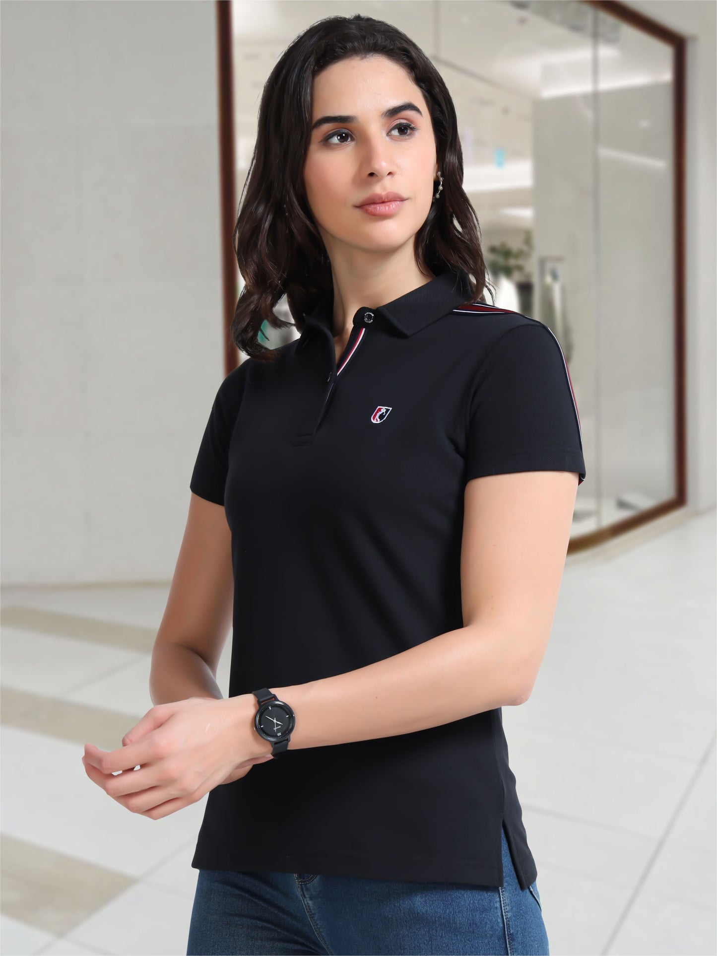 Women Black Regular Fit Polo T-shirt | Premium Cotton | Stretchable | Feather touch feel | Sustainable | Breathable | Light Weight
