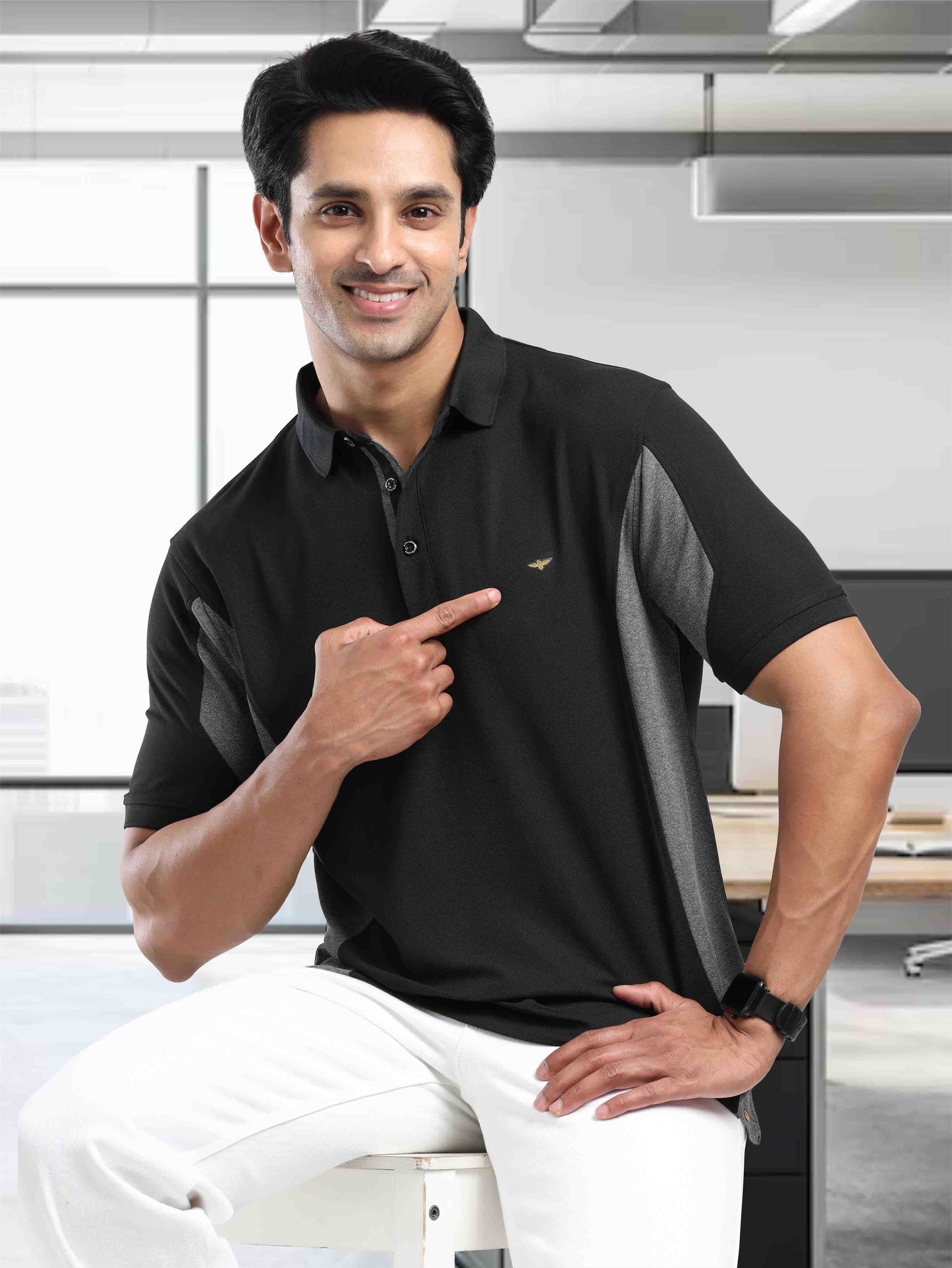 Men's Black Color Block Polo T-Shirt | Wrinkle-Free | Quick Dry | Stretchable | Odour-Free | UV Protected