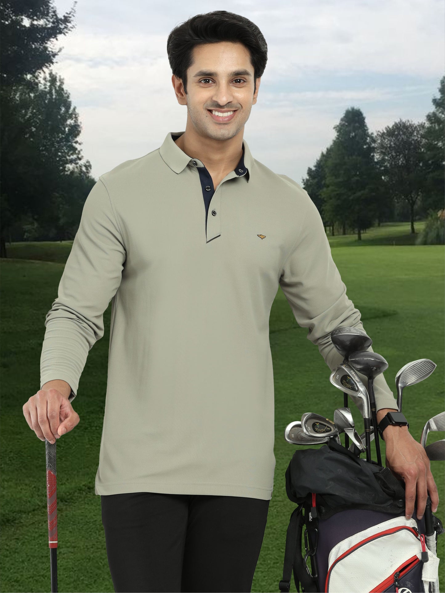 Men's Moose Grey Full Sleeve Polo T-Shirt