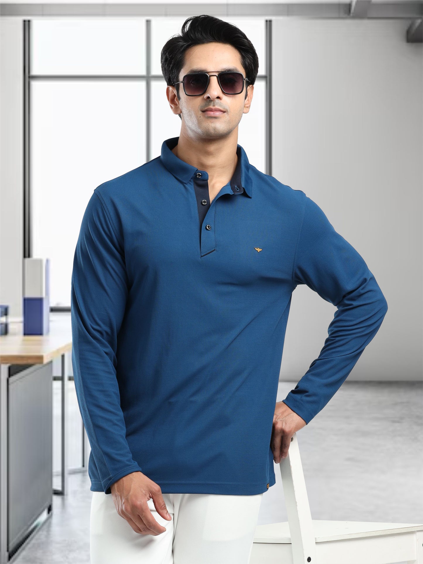 Men's Teal Blue Full Sleeve Polo T-Shirt