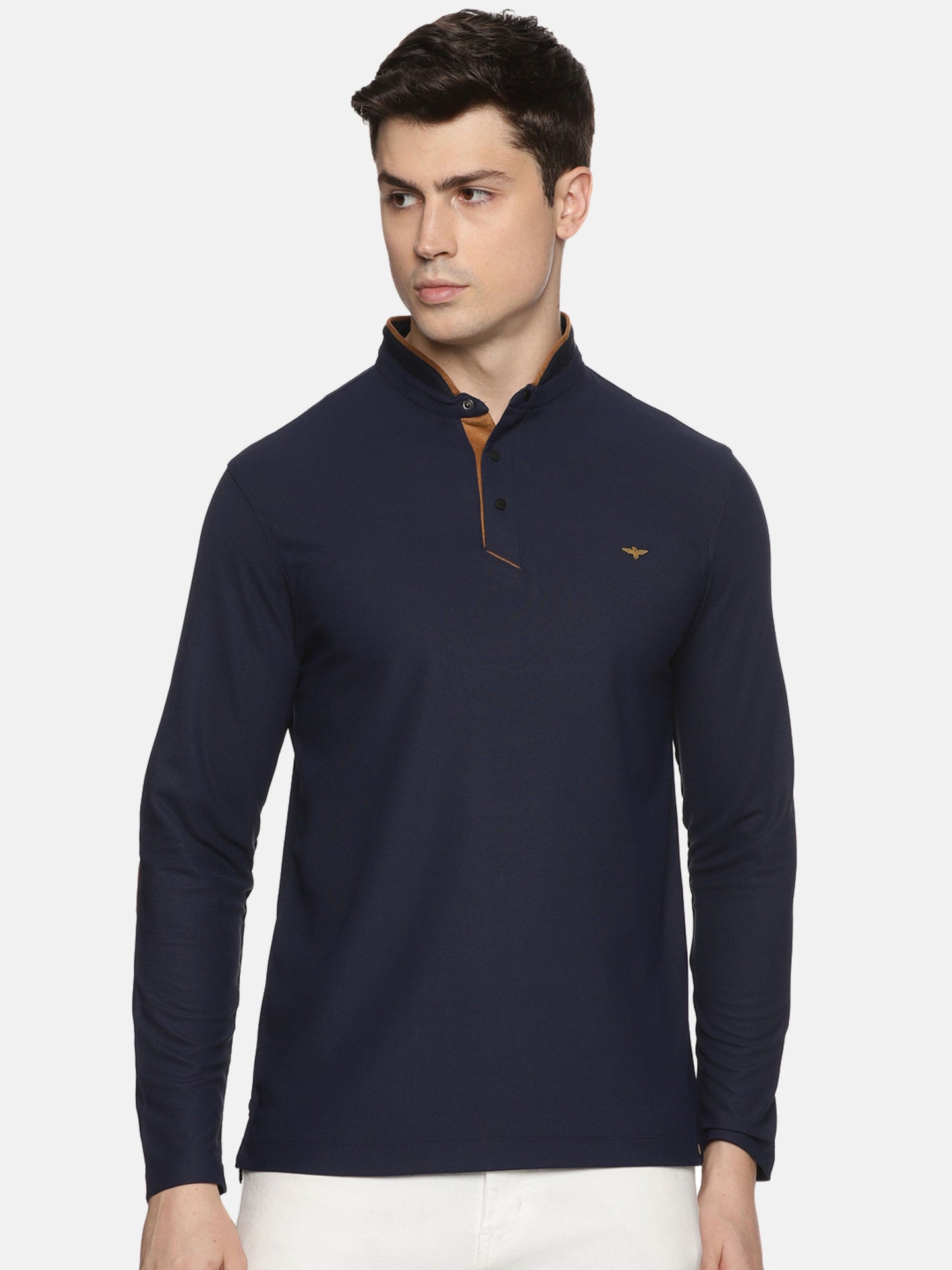 Navy Blue Henley Men's Full Sleeve Snap Button T-Shirt