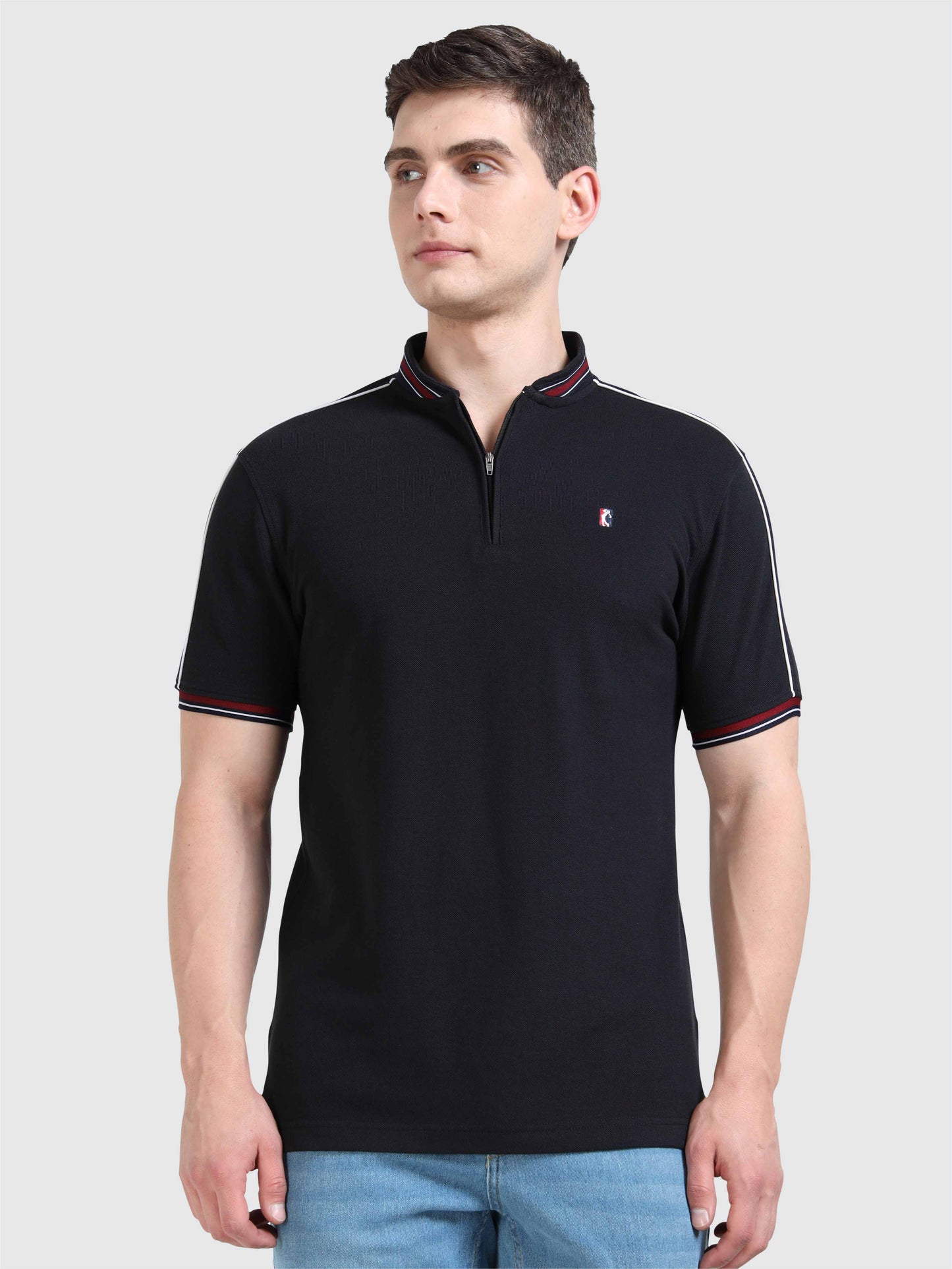 Men Black Chinese Collar Premium Cotton Polo T-shirt | Stretchable | Feather touch feel | Sustainable | Breathable | Light Weight