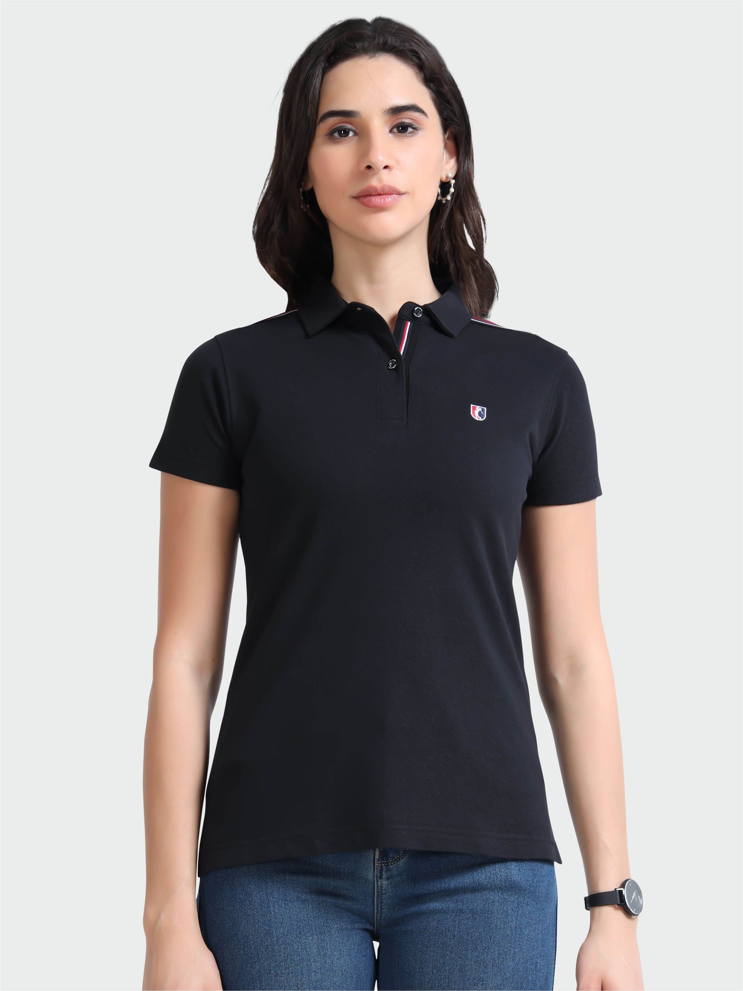 Women Black Regular Fit Polo T-shirt | Premium Cotton | Stretchable | Feather touch feel | Sustainable | Breathable | Light Weight