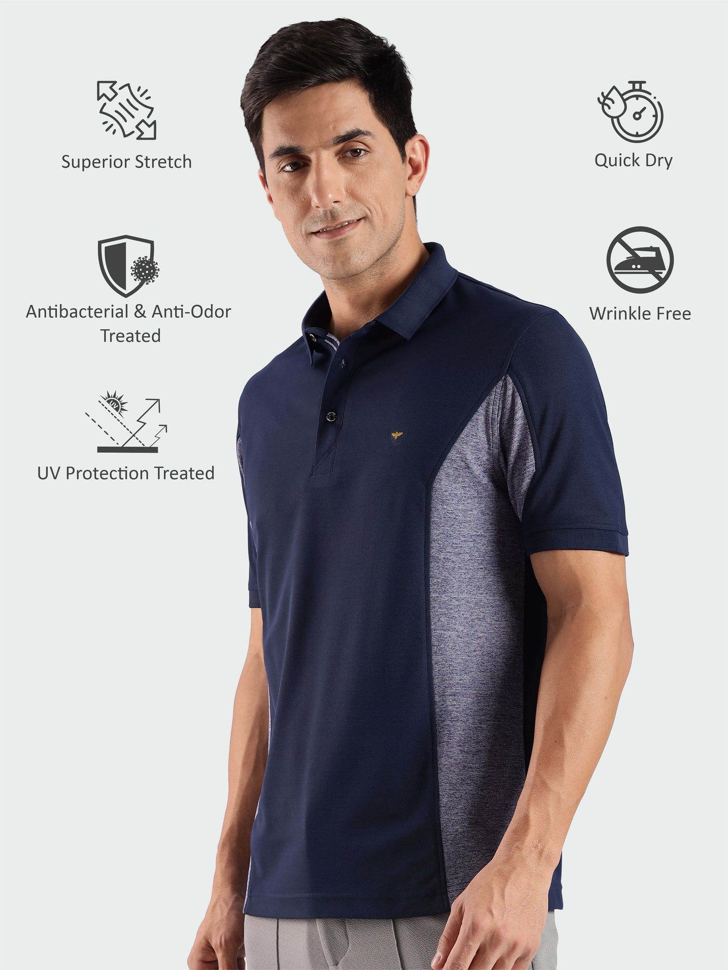Men's Navy Blue Color Block Polo T-Shirt | Wrinkle-Free | Quick Dry | Stretchable | Odour-Free | UV Protected