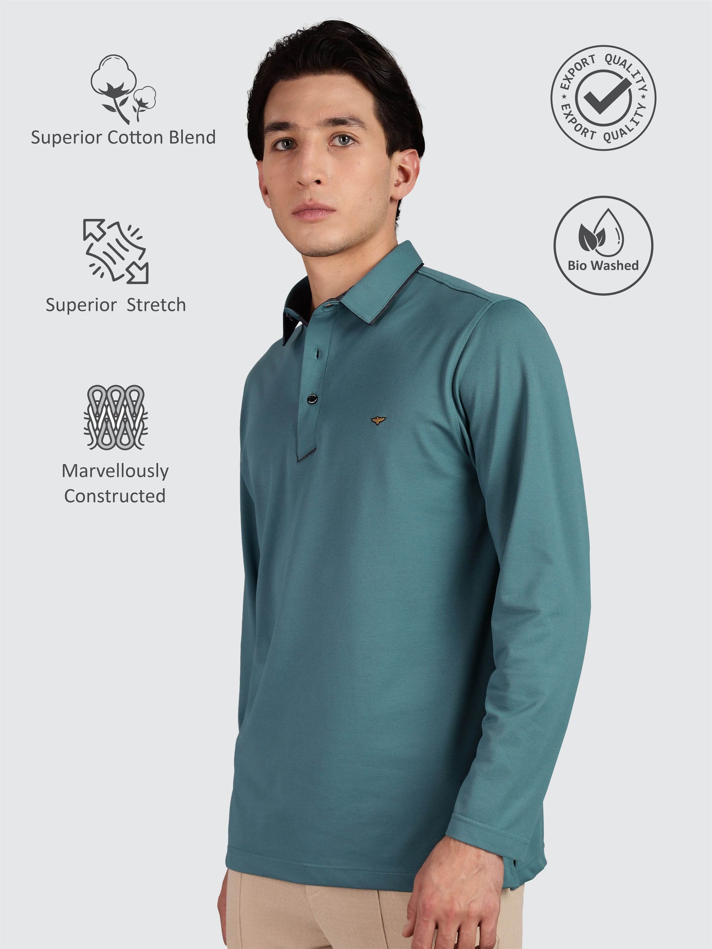 Men's Full Sleeve Soft Berry PQ Polo T-Shirt-Nile Blue