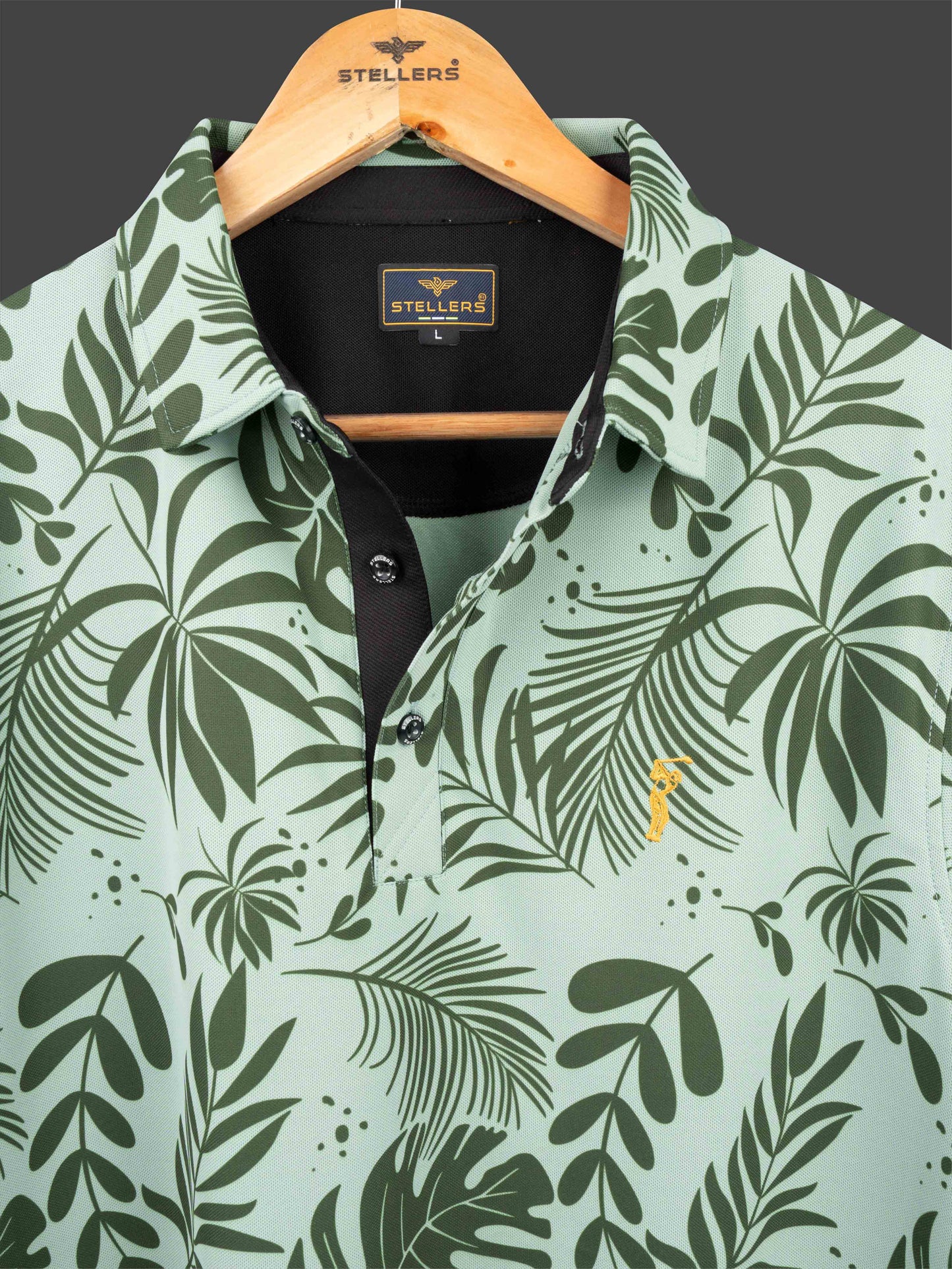 Green Leaf Printed Polo T Shirt for Men