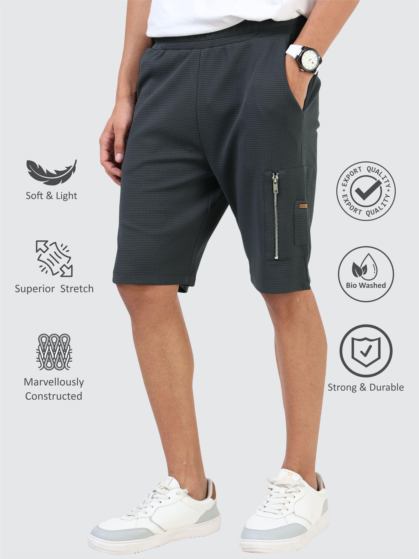 STELLERS Men's Premium Stretchable Shorts - Dark Grey | Feather Touch Feel | Breathable | Light Weight