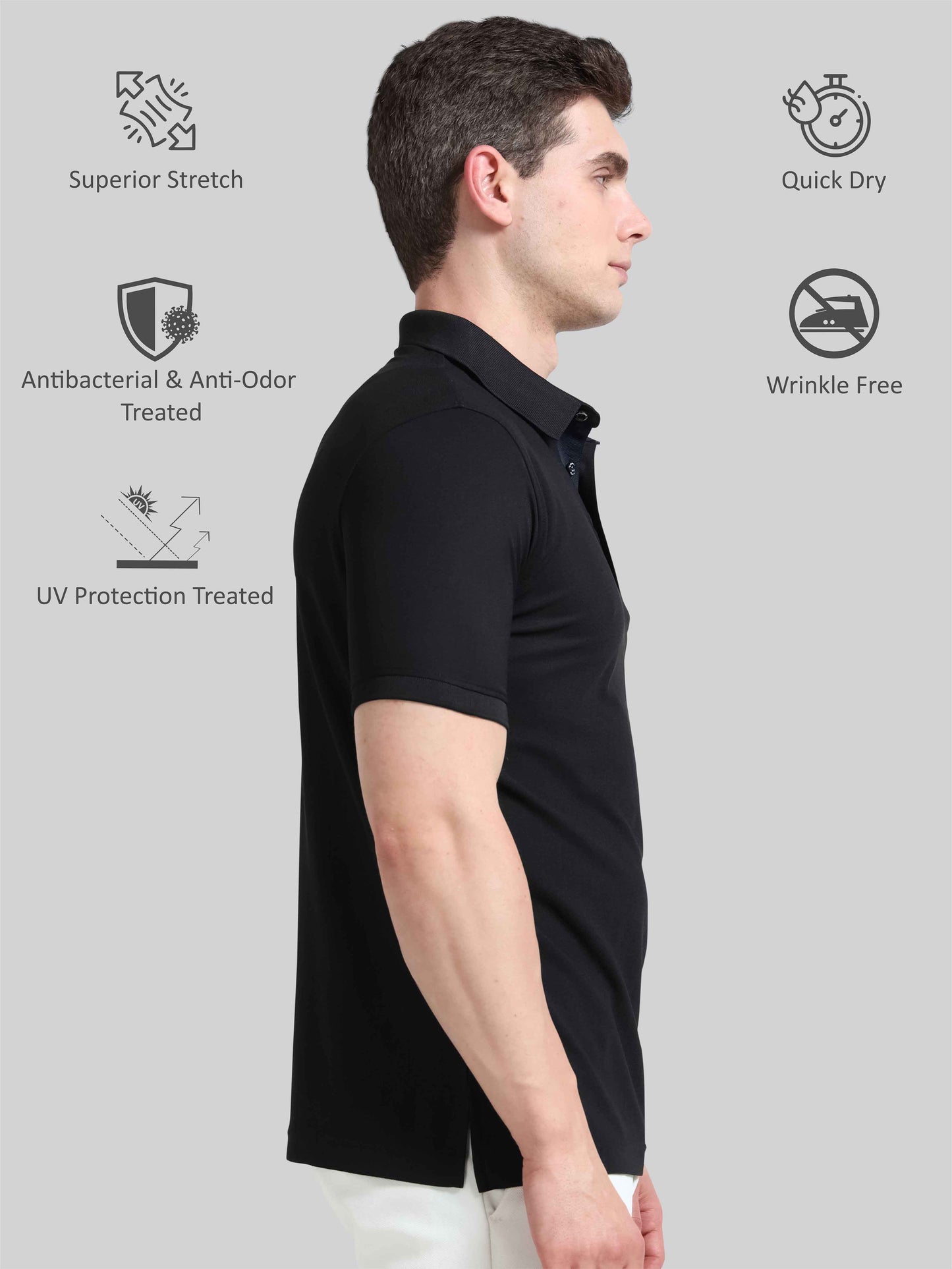 Men Black Classic Golf Polo T-Shirt | Quick Dry | Stretchable | UV Protected | Wrinkle & Odour-Free