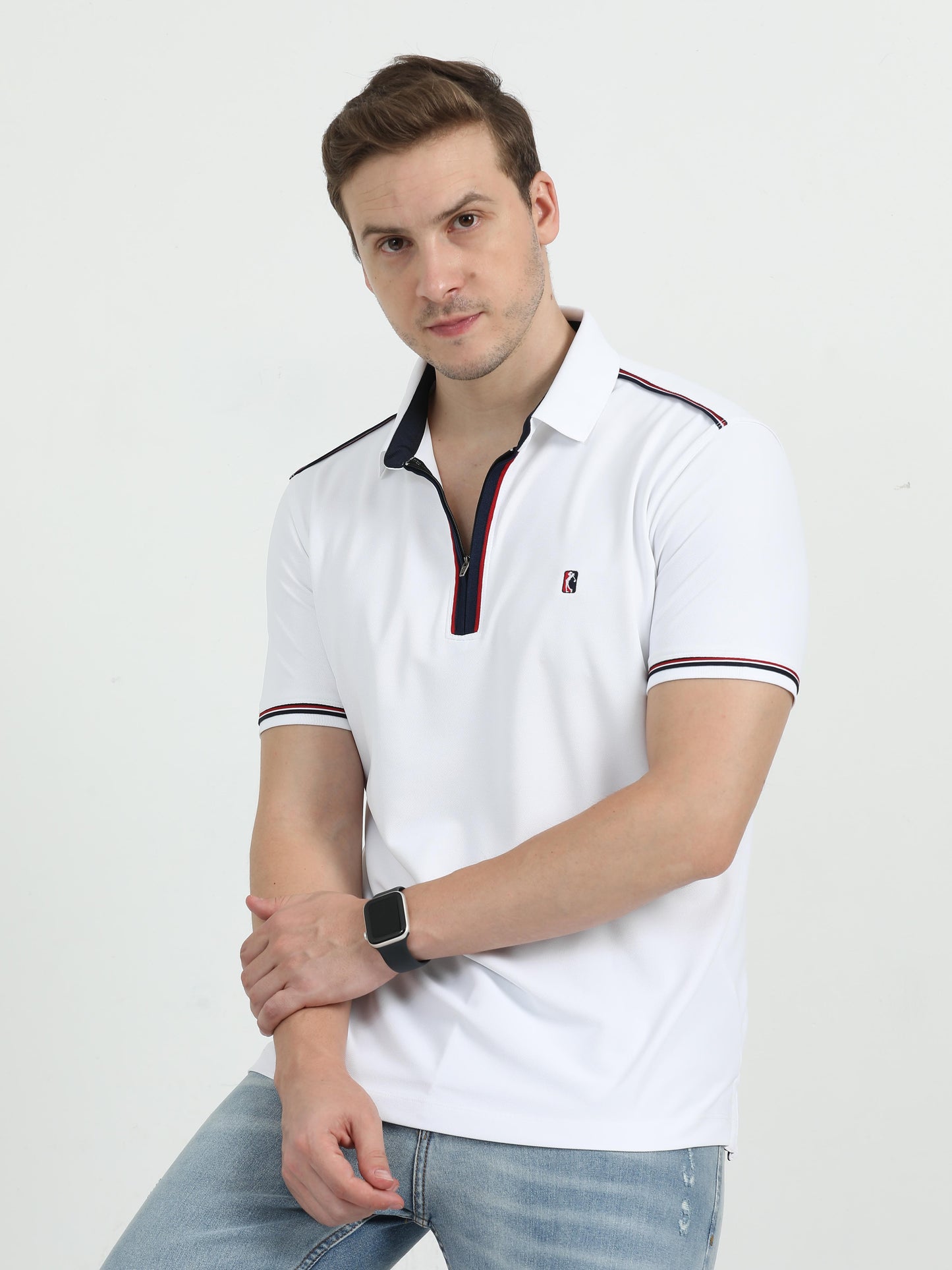 White Men's Zipper Placket Polo T-Shirt | Quick Dry | Stretchable | UV Protected | Wrinkle & Odour-Free
