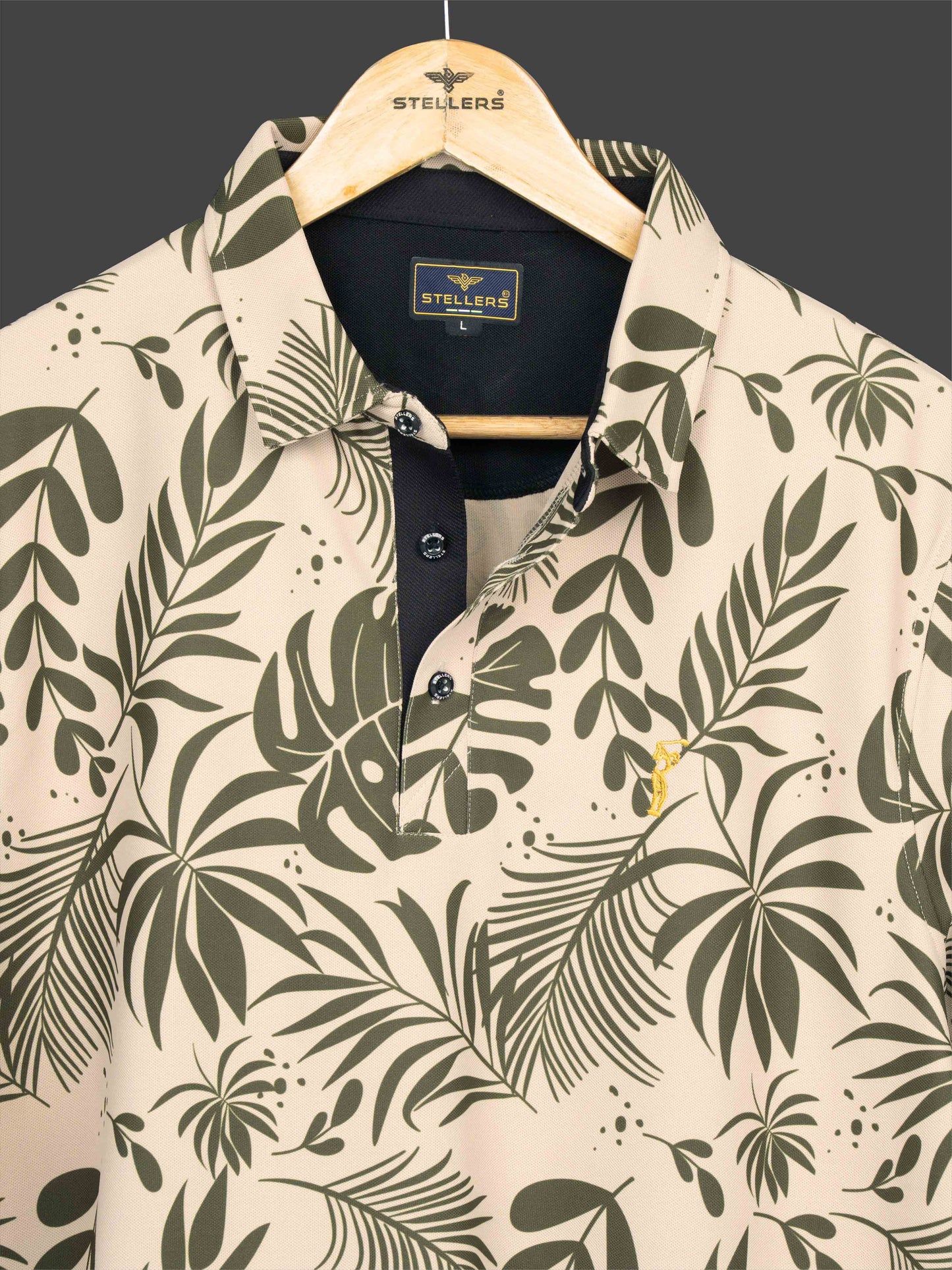 Beige Leaf Printed Polo T Shirt for Men