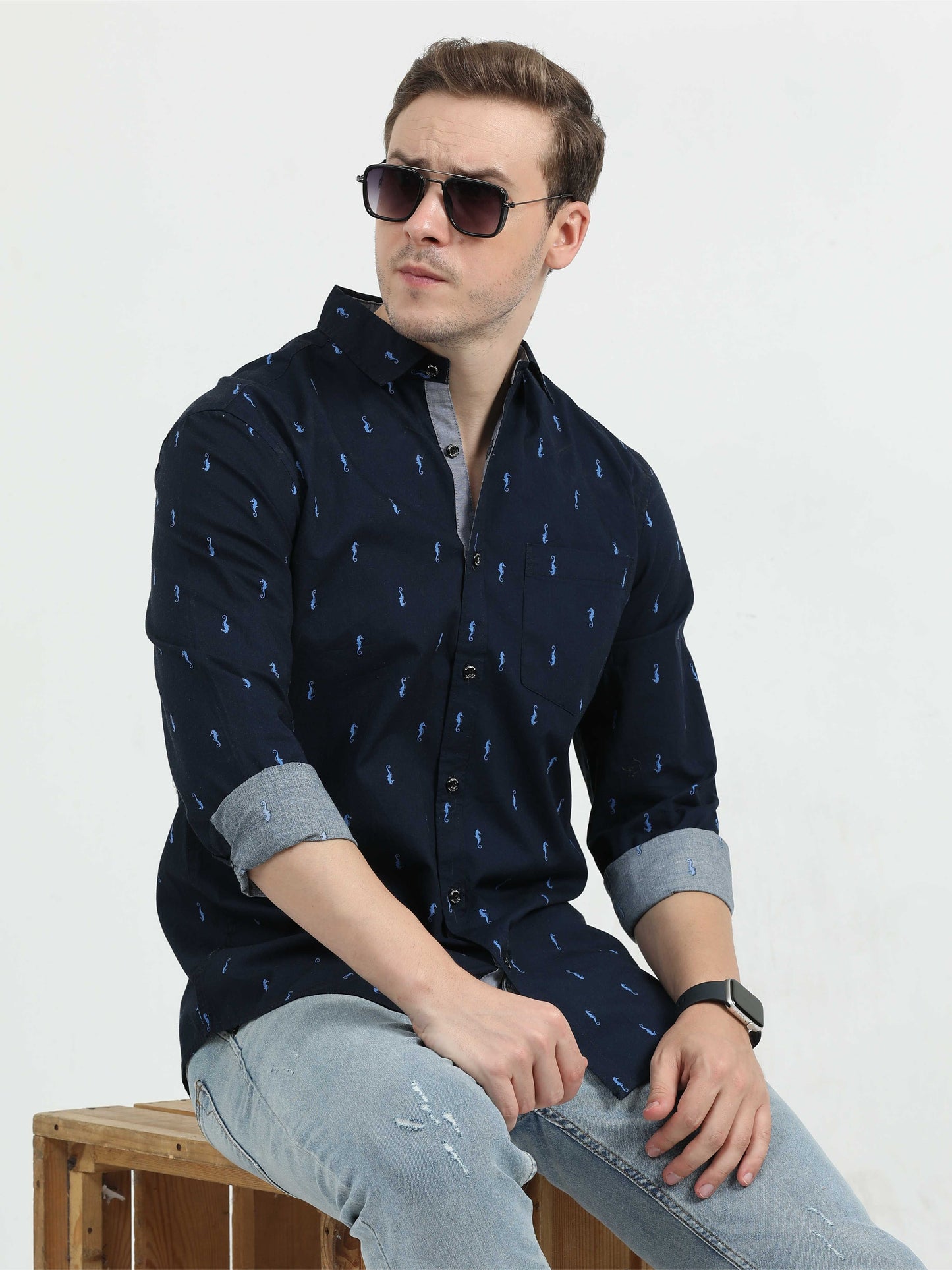 Navy Blue Printed Casual Shirt for Men
