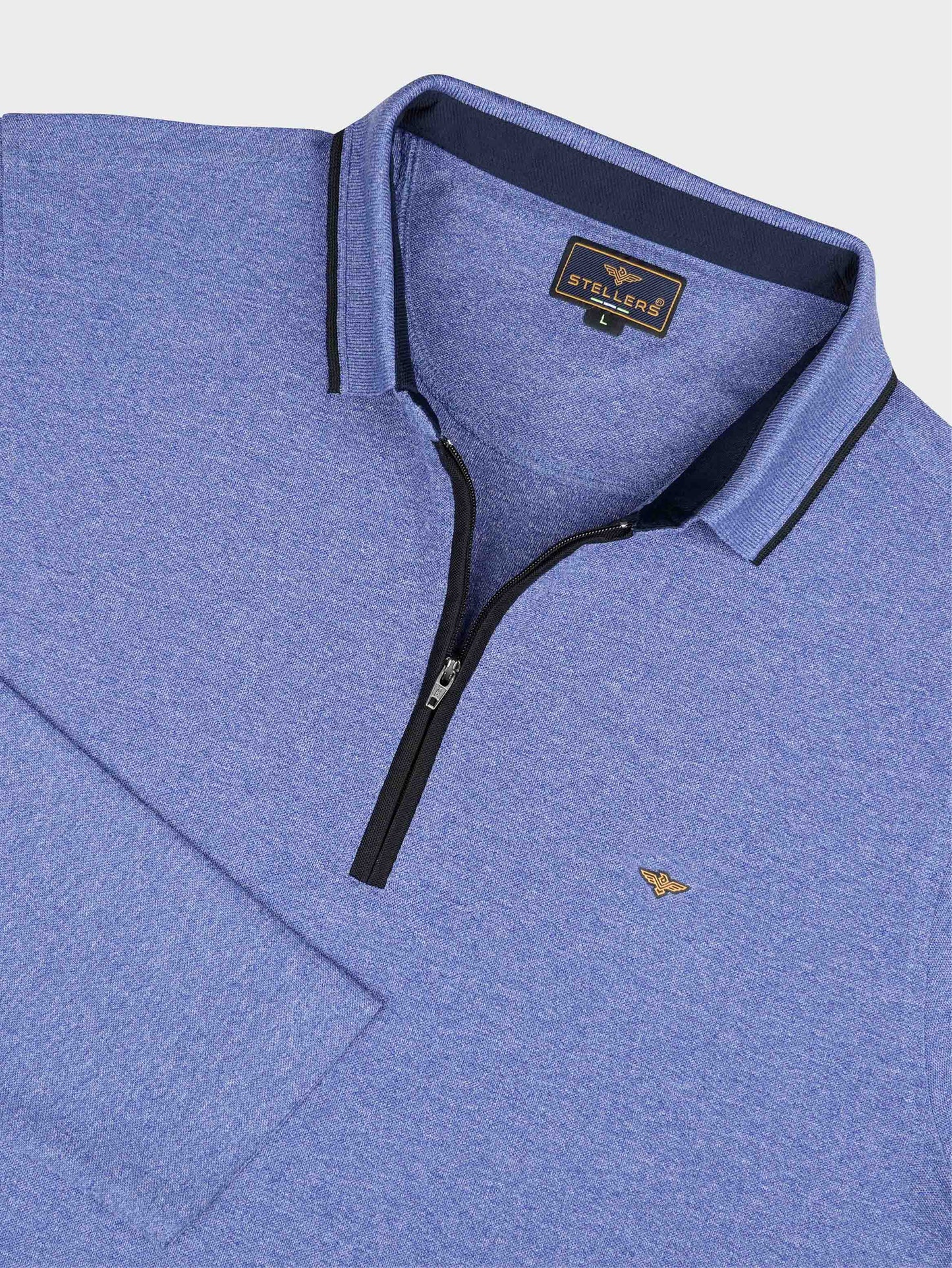 Blue Melange Zipper Full Sleeve Polo Tshirt For Men