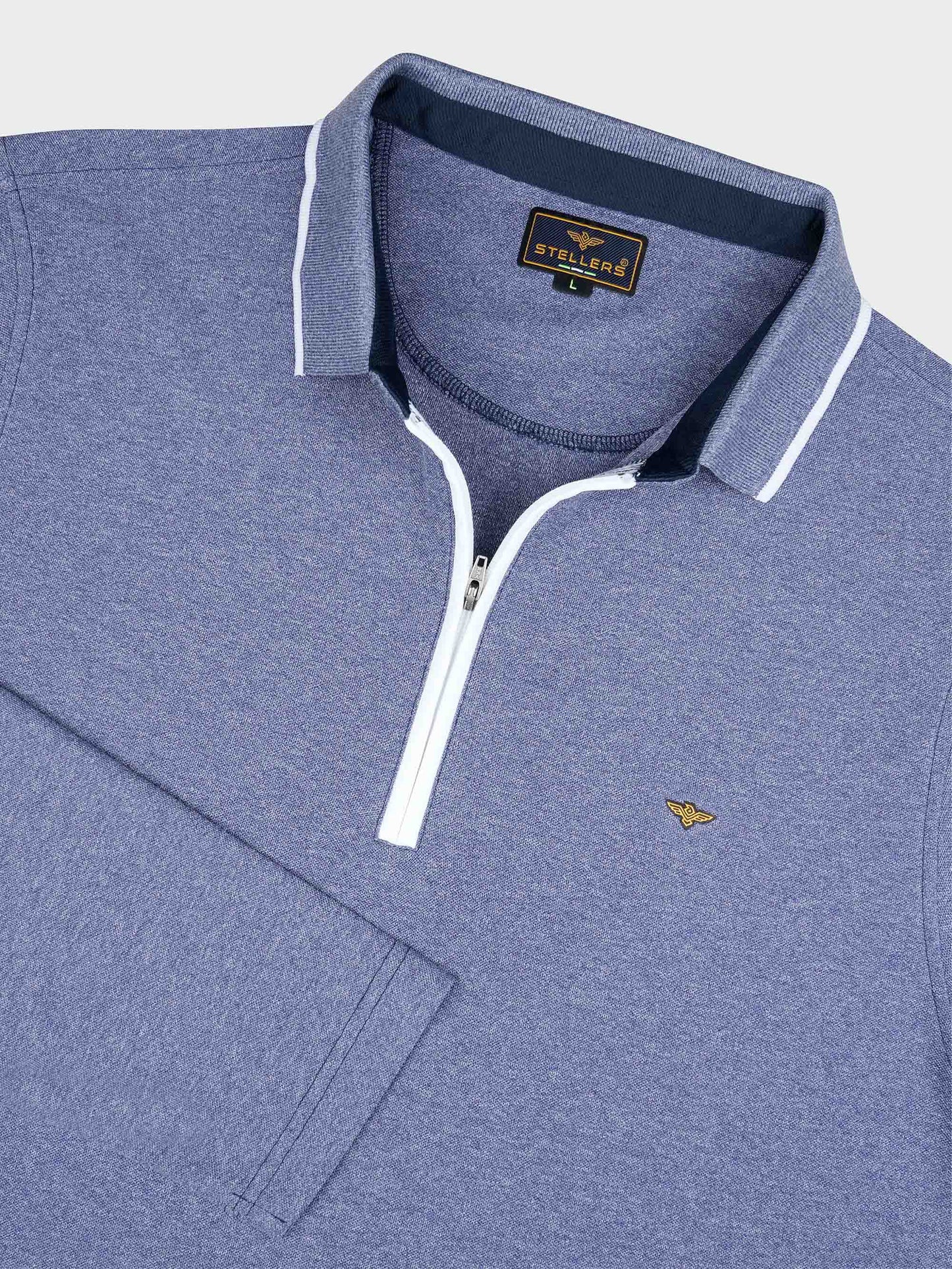 Navy Blue Melange Zipper Full Sleeve Polo Tshirt For Men