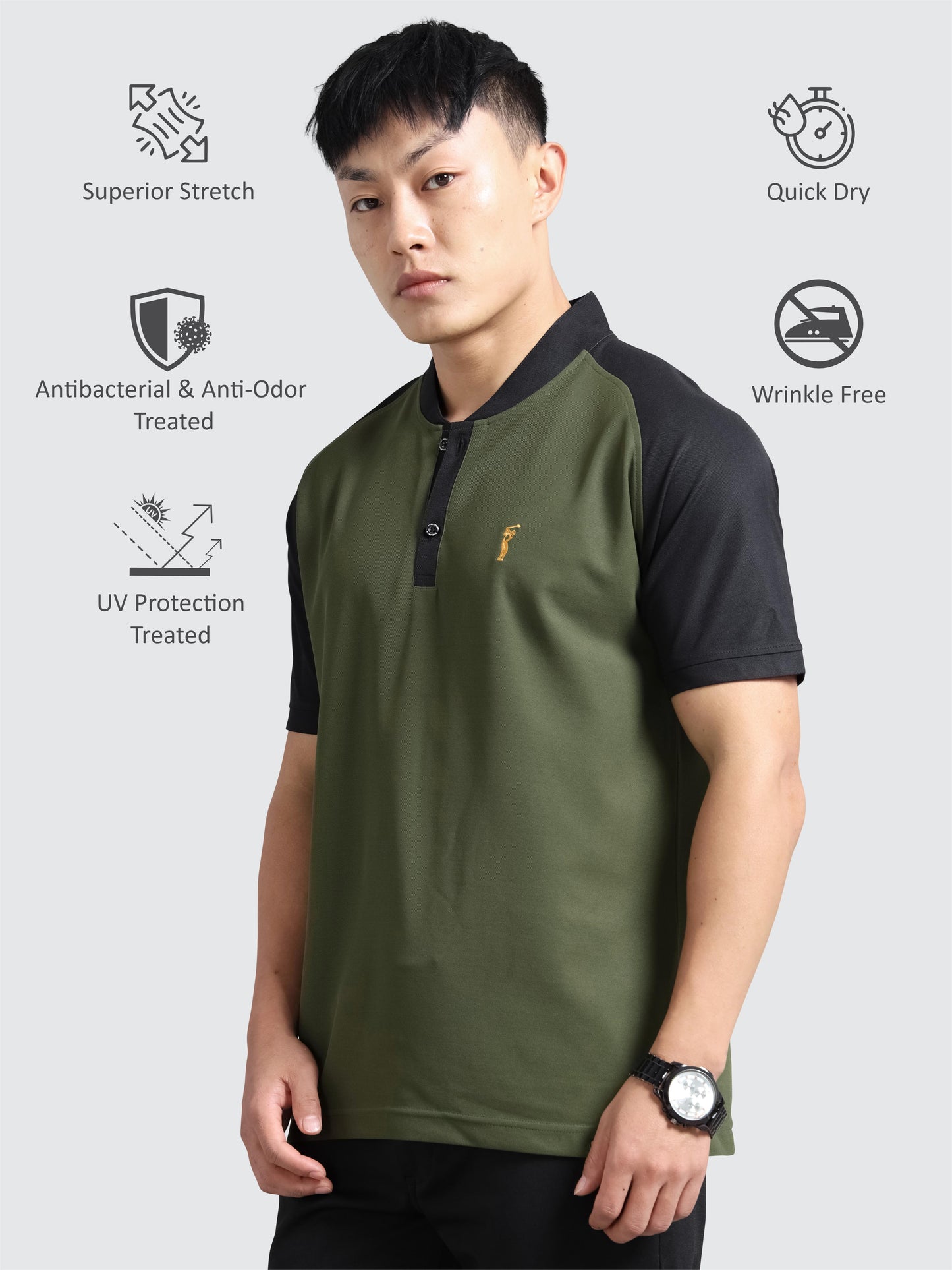Men’s Olive Green Chinese Collar Polo T-shirt – Raglan Sleeves | Wrinkle-Free | Quick Dry | Odour-Free | Stretchable | UV Protected