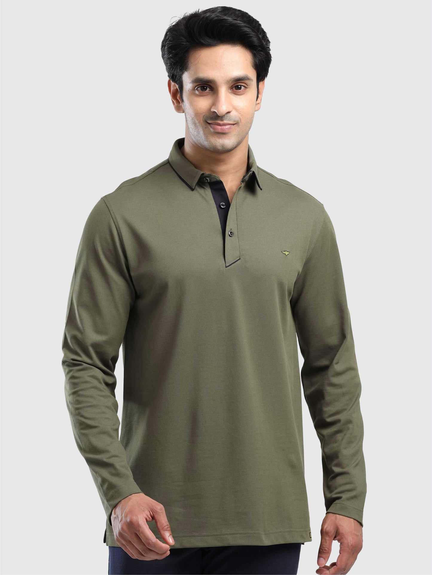 Men's Full Sleeve Soft Berry PQ Polo T-Shirt- Olive Green