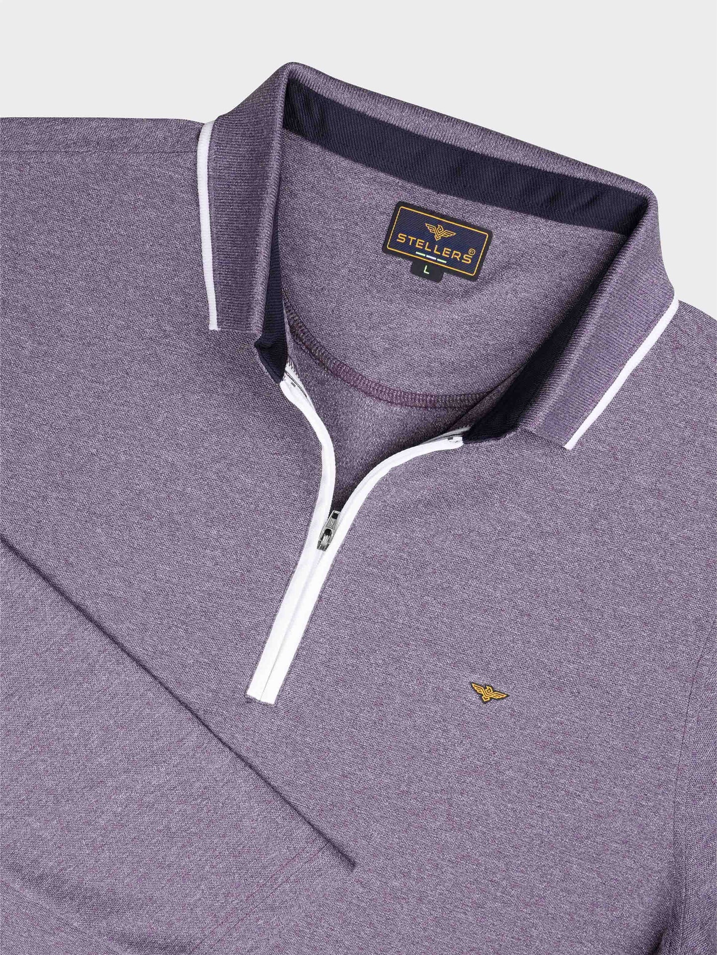 Purple Melange Zipper Full Sleeve Polo Tshirt For Men