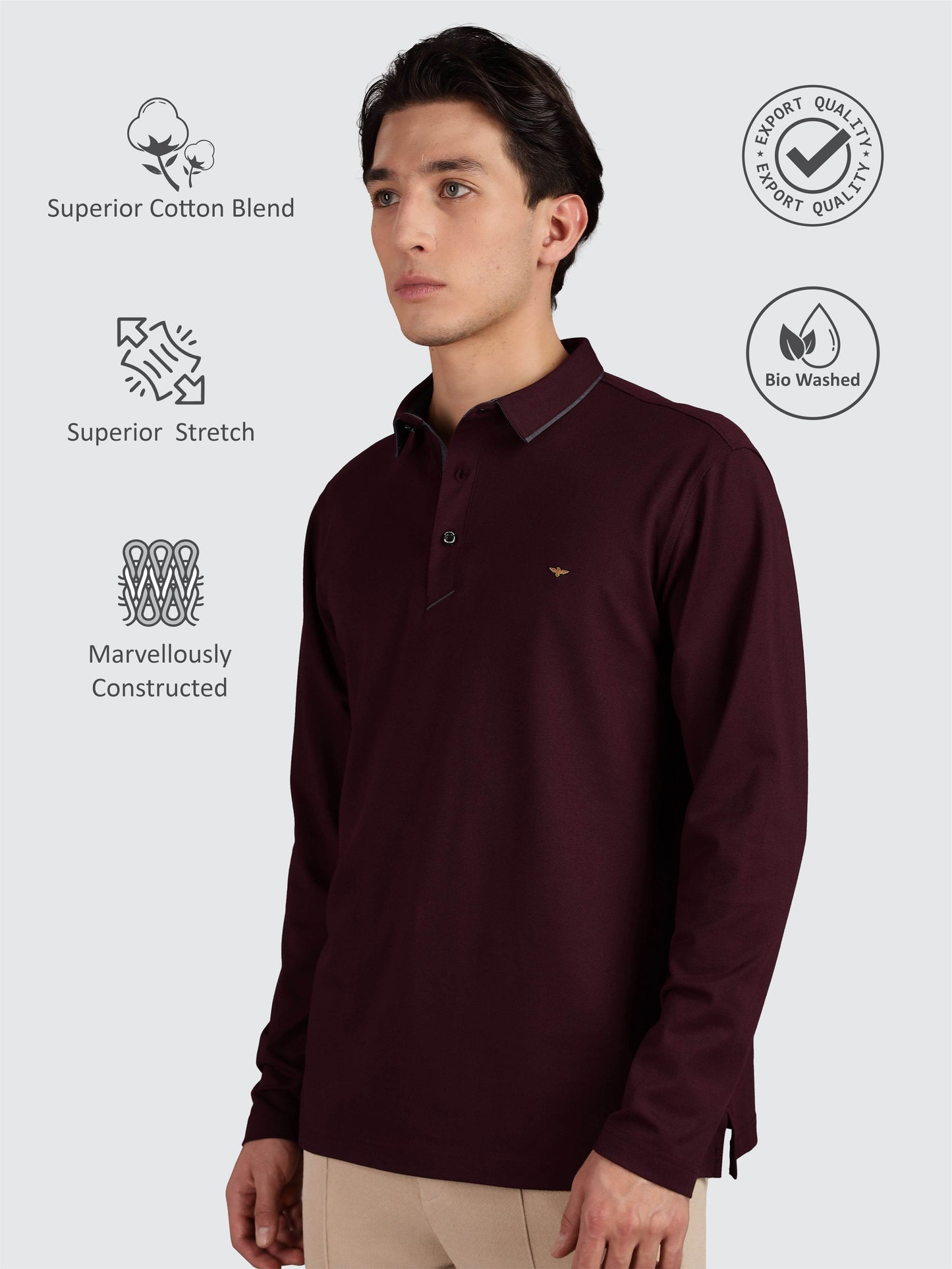 Men's Full Sleeve Soft Berry PQ Polo T-Shirt-Wine