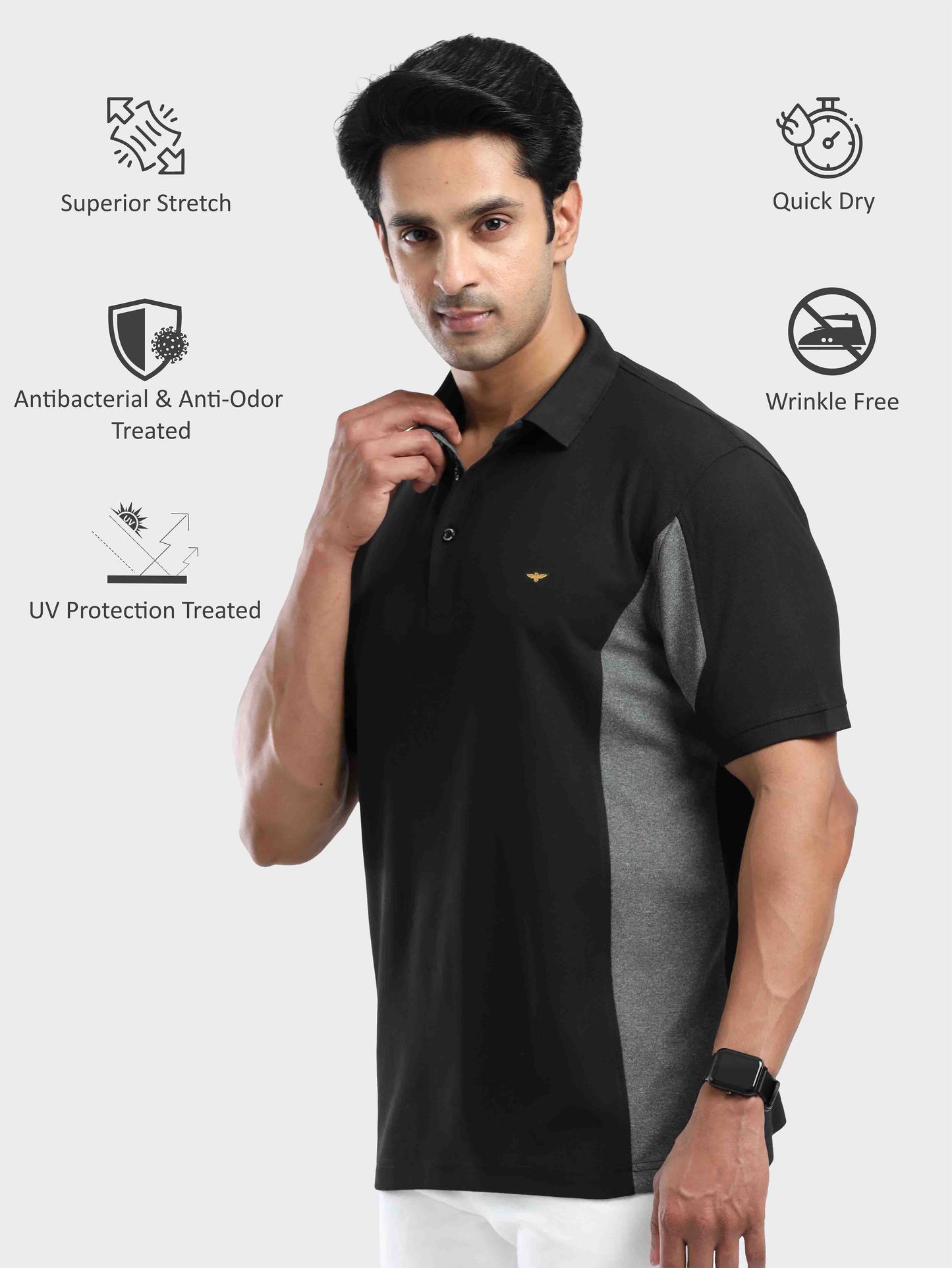 Men's Black Color Block Polo T-Shirt | Wrinkle-Free | Quick Dry | Stretchable | Odour-Free | UV Protected
