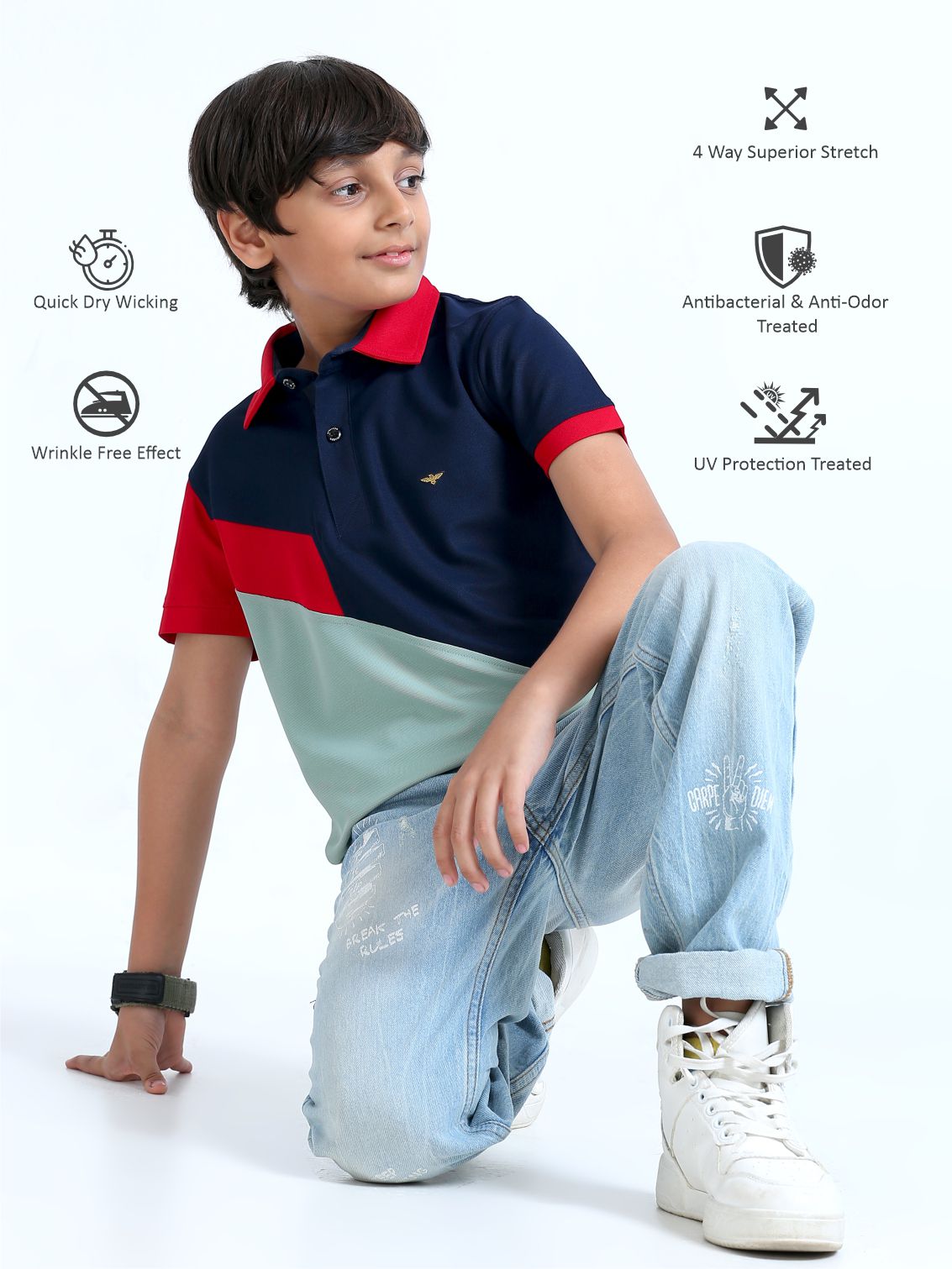 Navy Blue Cross Panel Boy's Polo T-Shirt