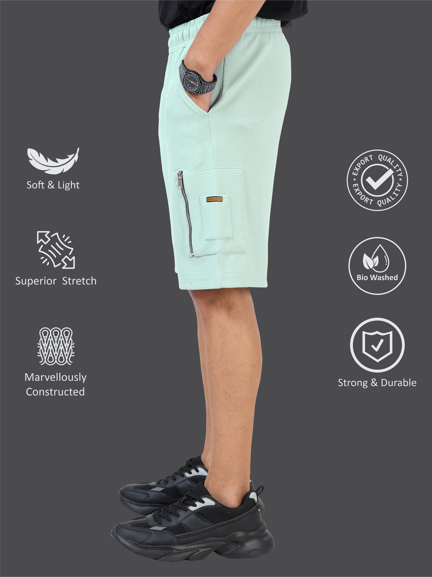STELLERS Men's Premium Stretchable Shorts -Misty Green | Feather Touch Feel | Breathable | Light Weight