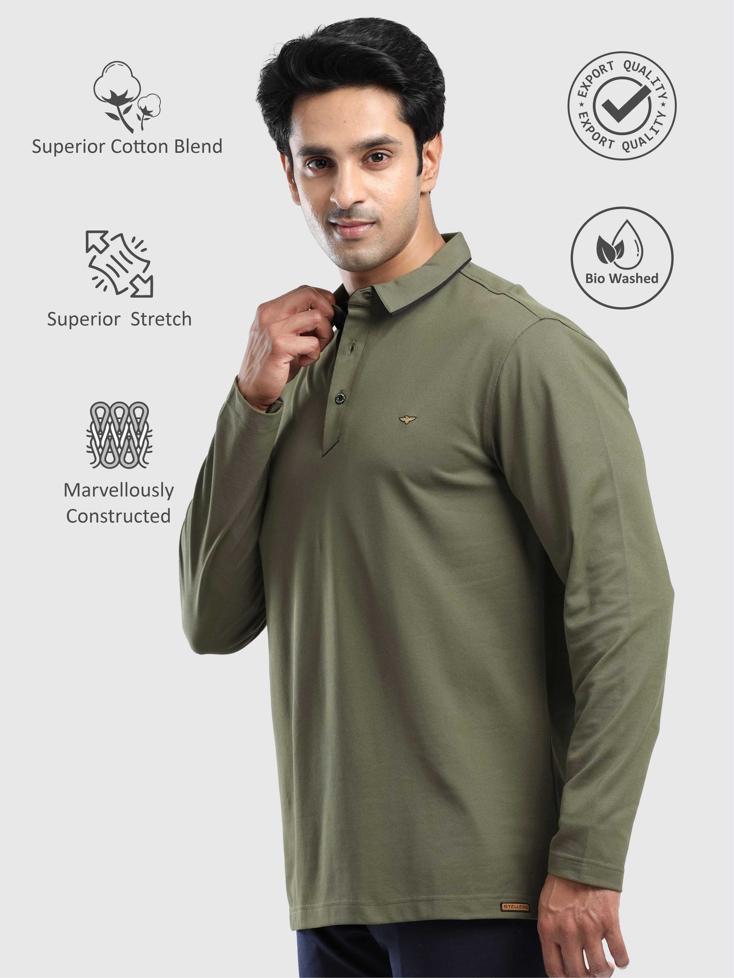 Men's Full Sleeve Soft Berry PQ Polo T-Shirt- Olive Green