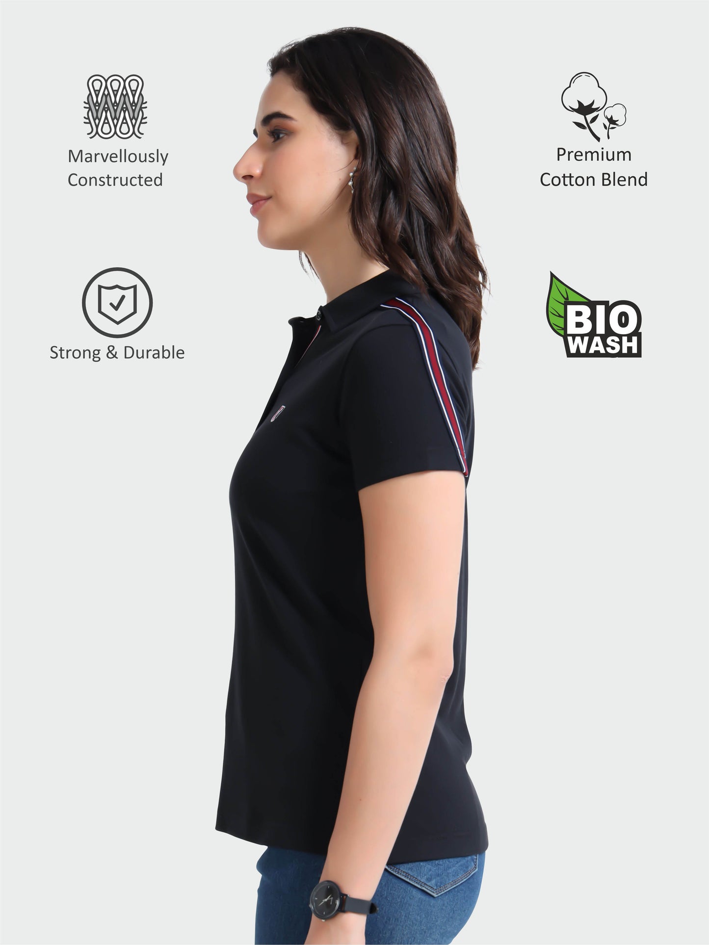 Women Black Regular Fit Polo T-shirt | Premium Cotton | Stretchable | Feather touch feel | Sustainable | Breathable | Light Weight