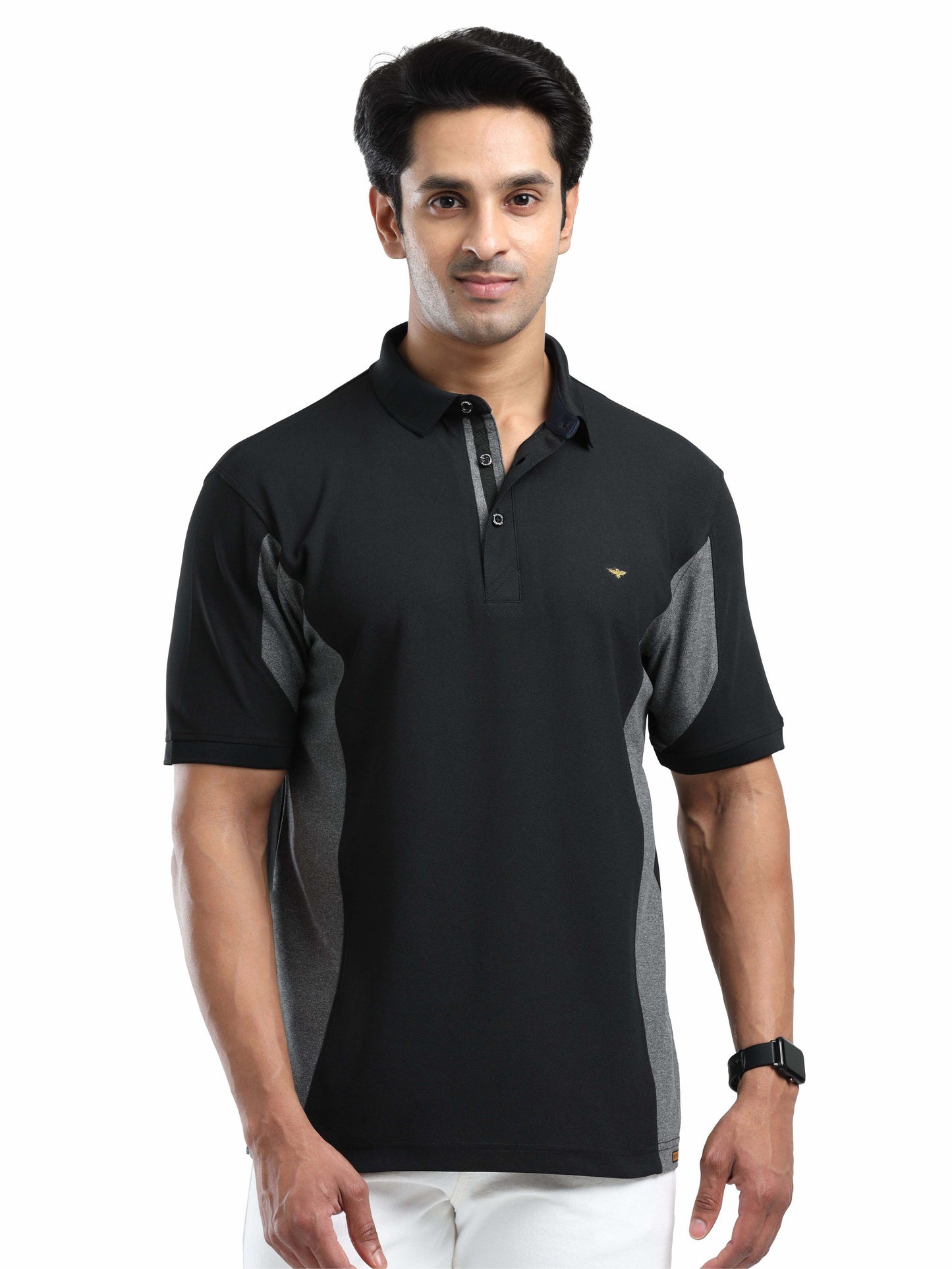 Men's Black Color Block Polo T-Shirt | Wrinkle-Free | Quick Dry | Stretchable | Odour-Free | UV Protected