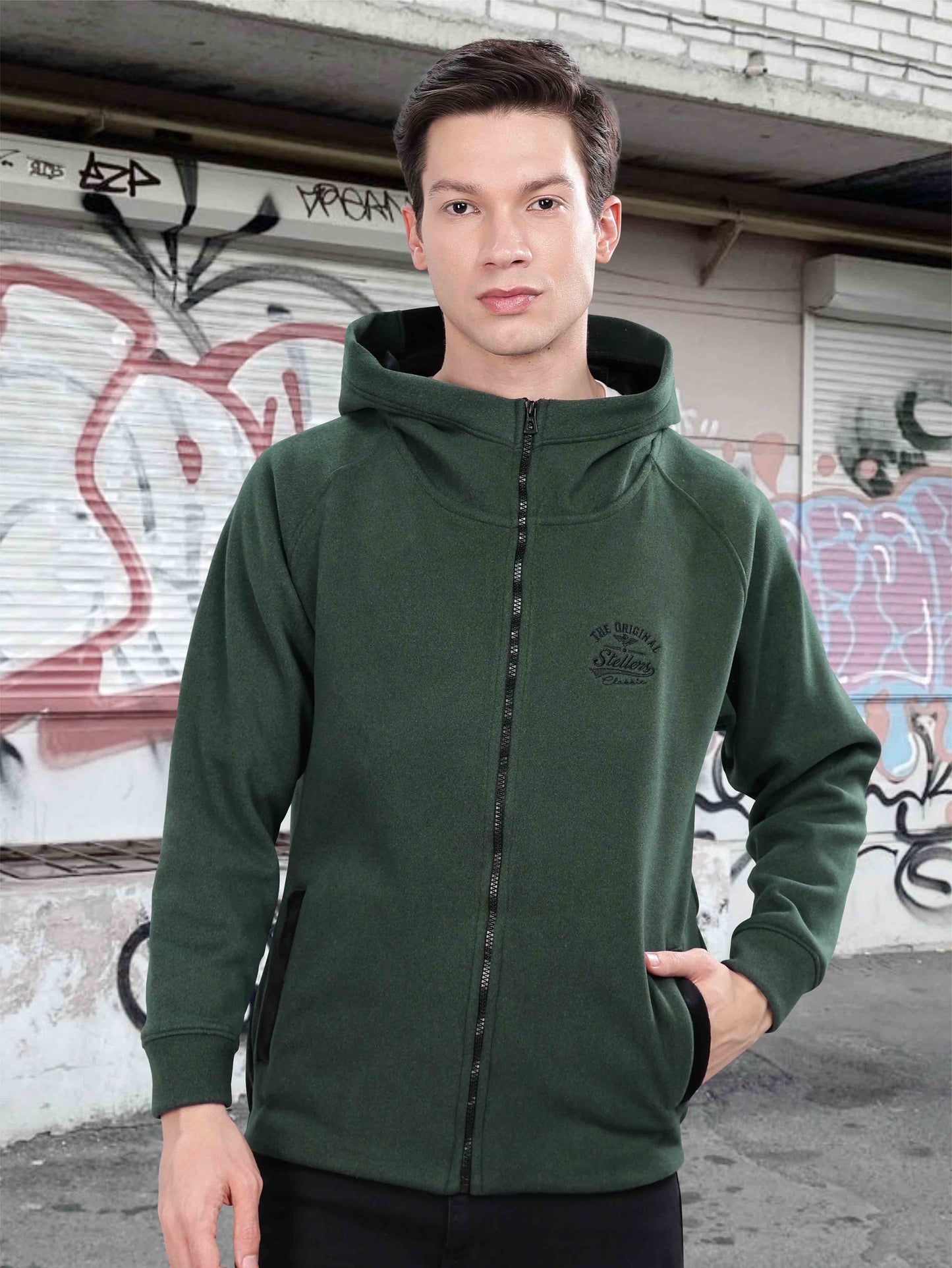 Bottle Green Zipper Hoodie for Men