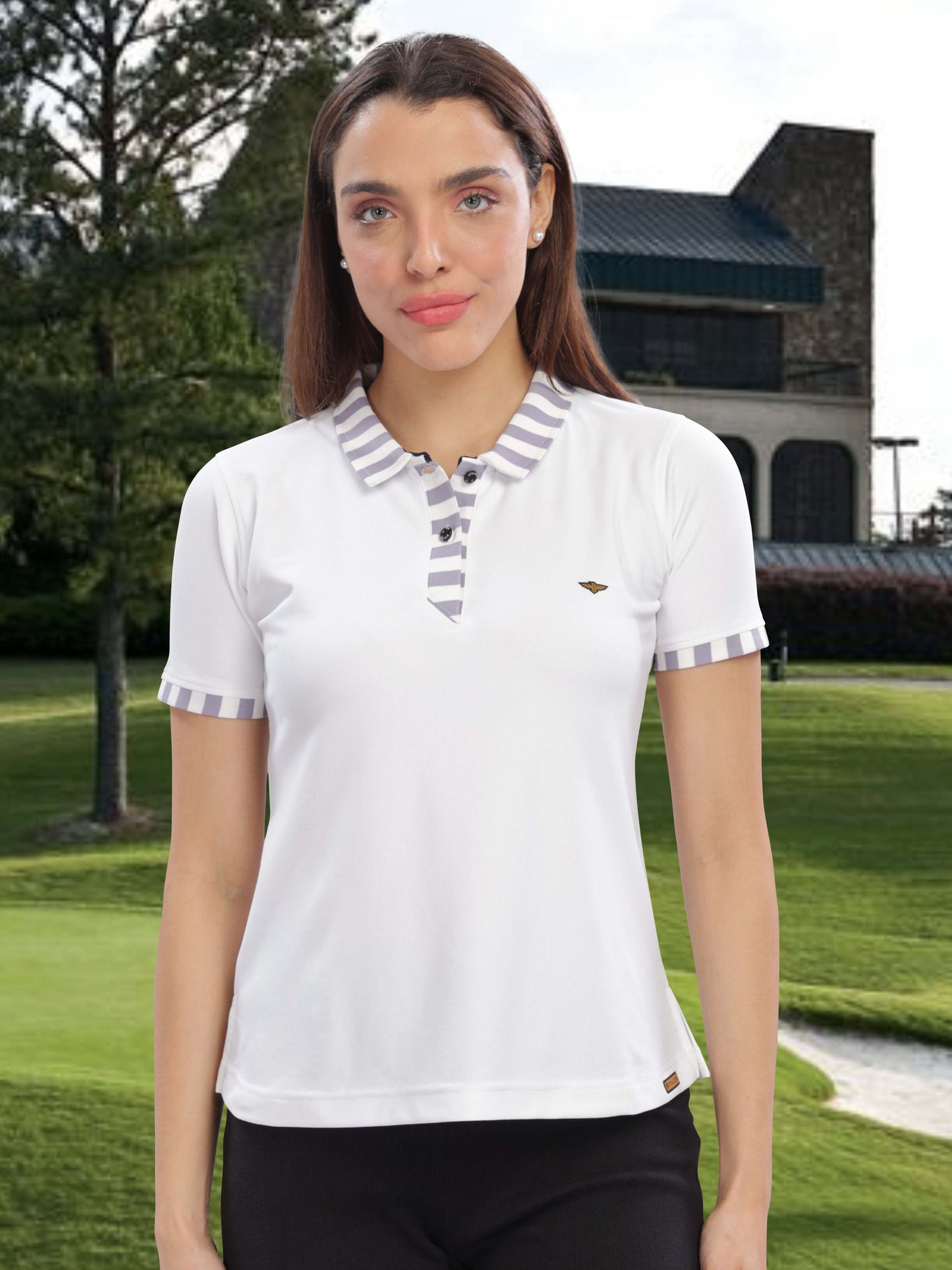 White Women's Jacquard Polo Collar T Shirt