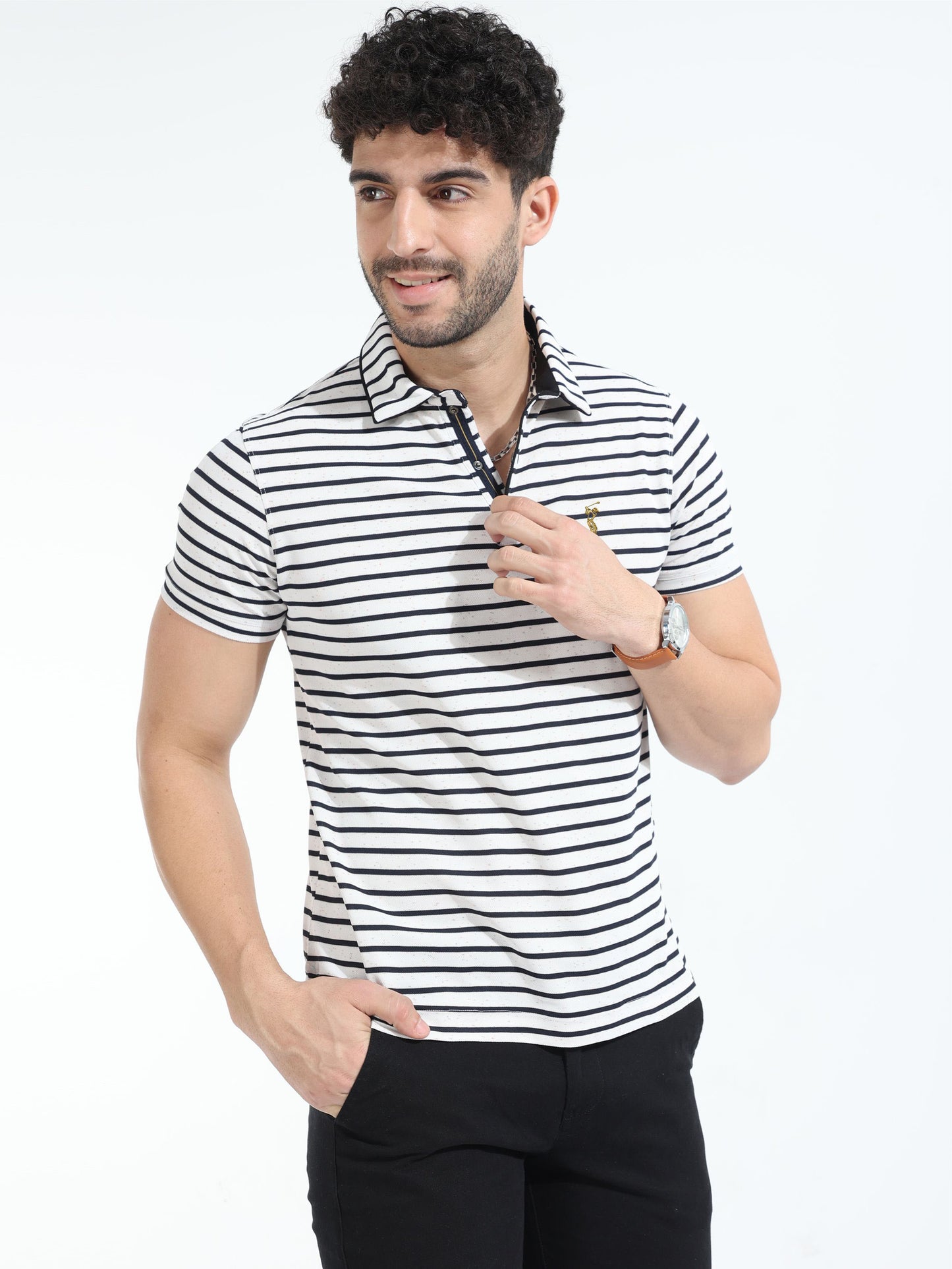 Black Mens Rolex Stripes Polo T-Shirt