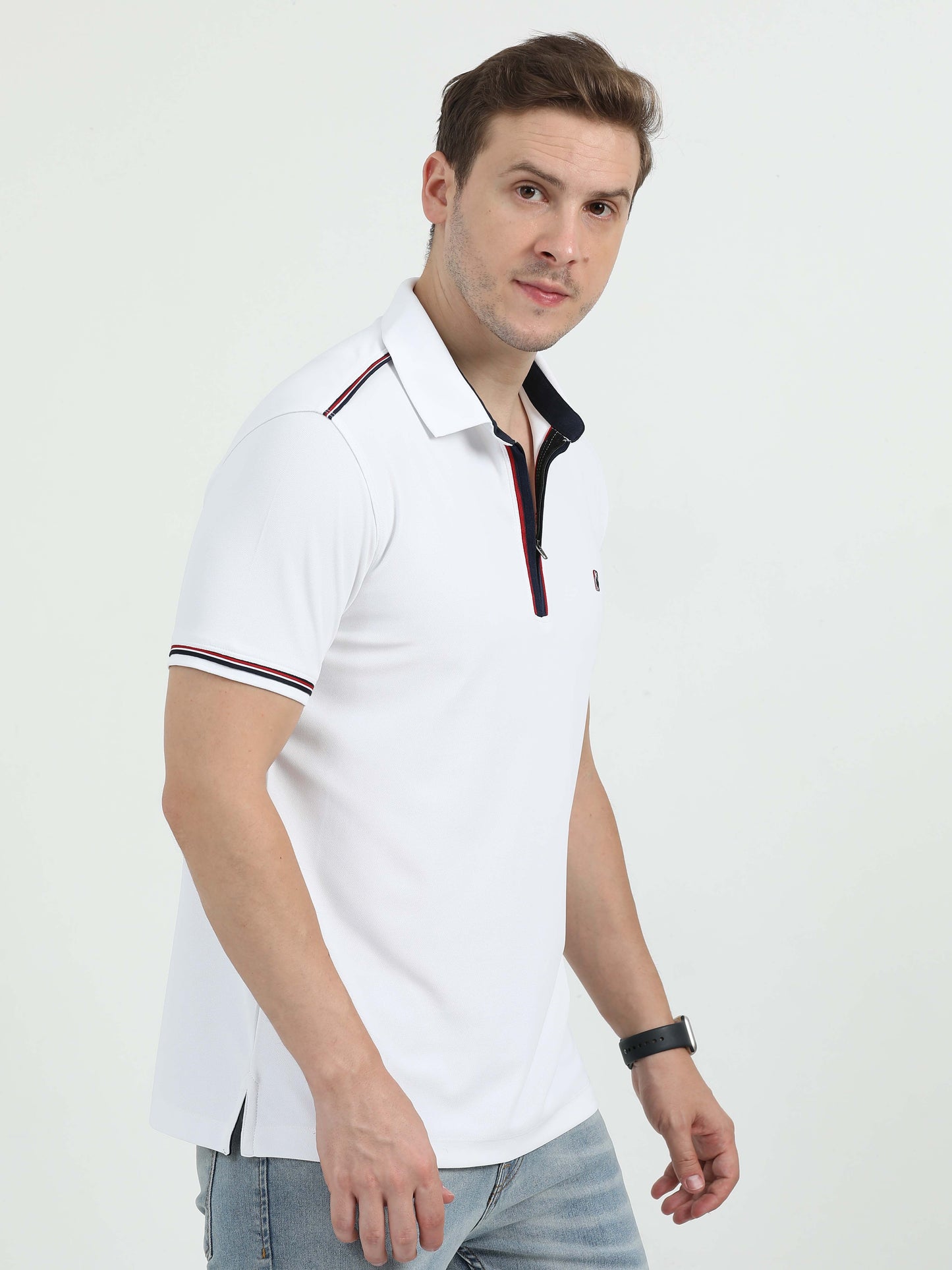 White Men's Zipper Placket Polo T-Shirt | Quick Dry | Stretchable | UV Protected | Wrinkle & Odour-Free