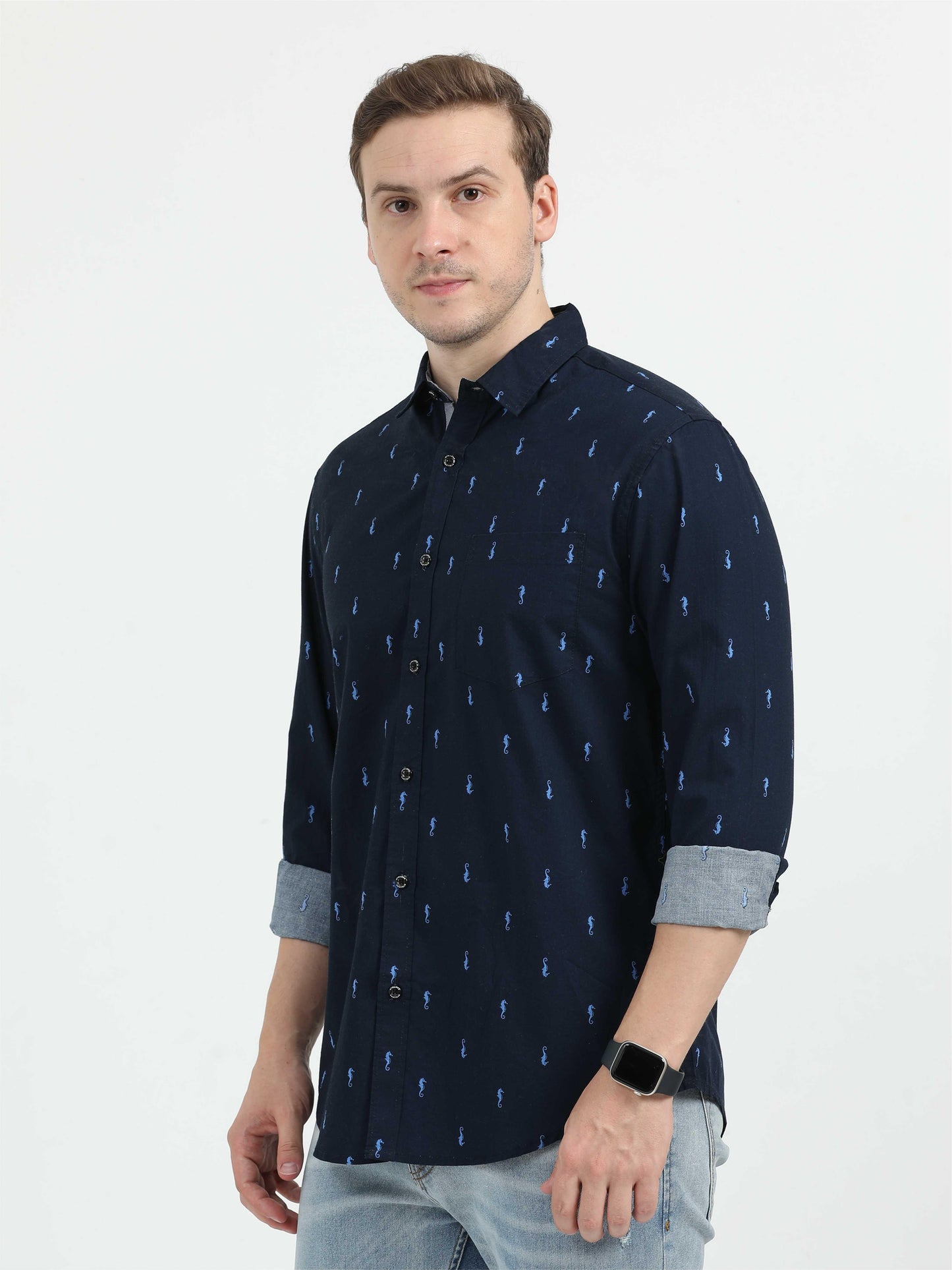 Navy Blue Printed Casual Shirt for Men