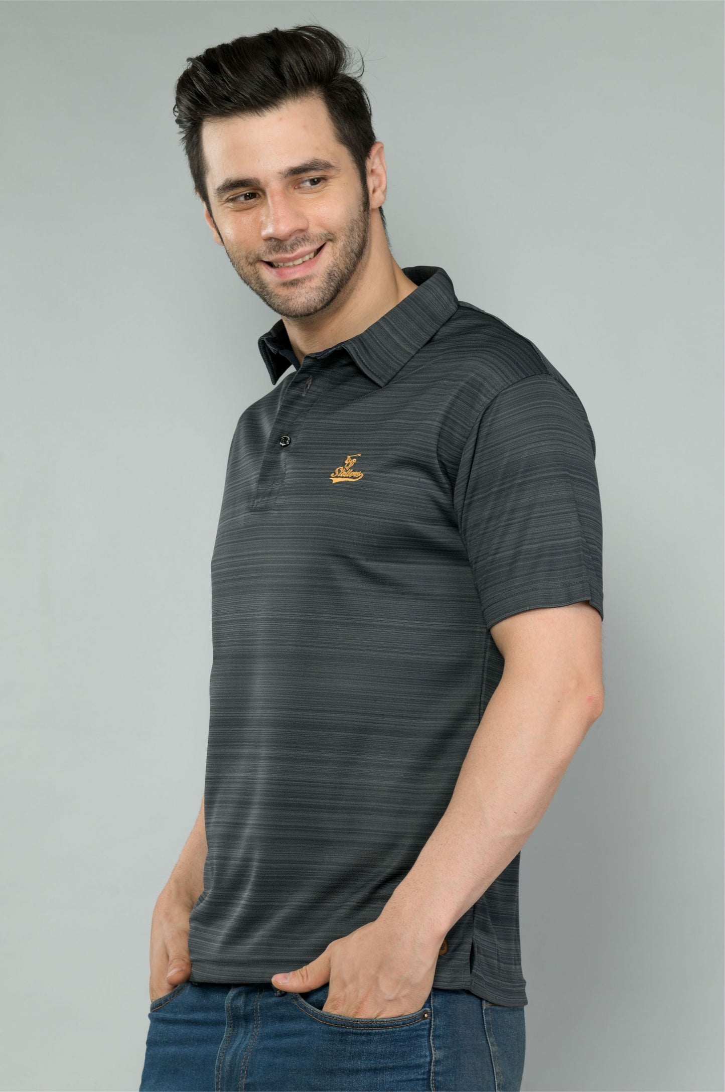 Black Men's Barcode Weave Golf Polo T-Shirt | Quick Dry | Stretchable | UV Protected | Wrinkle & Odour-Free