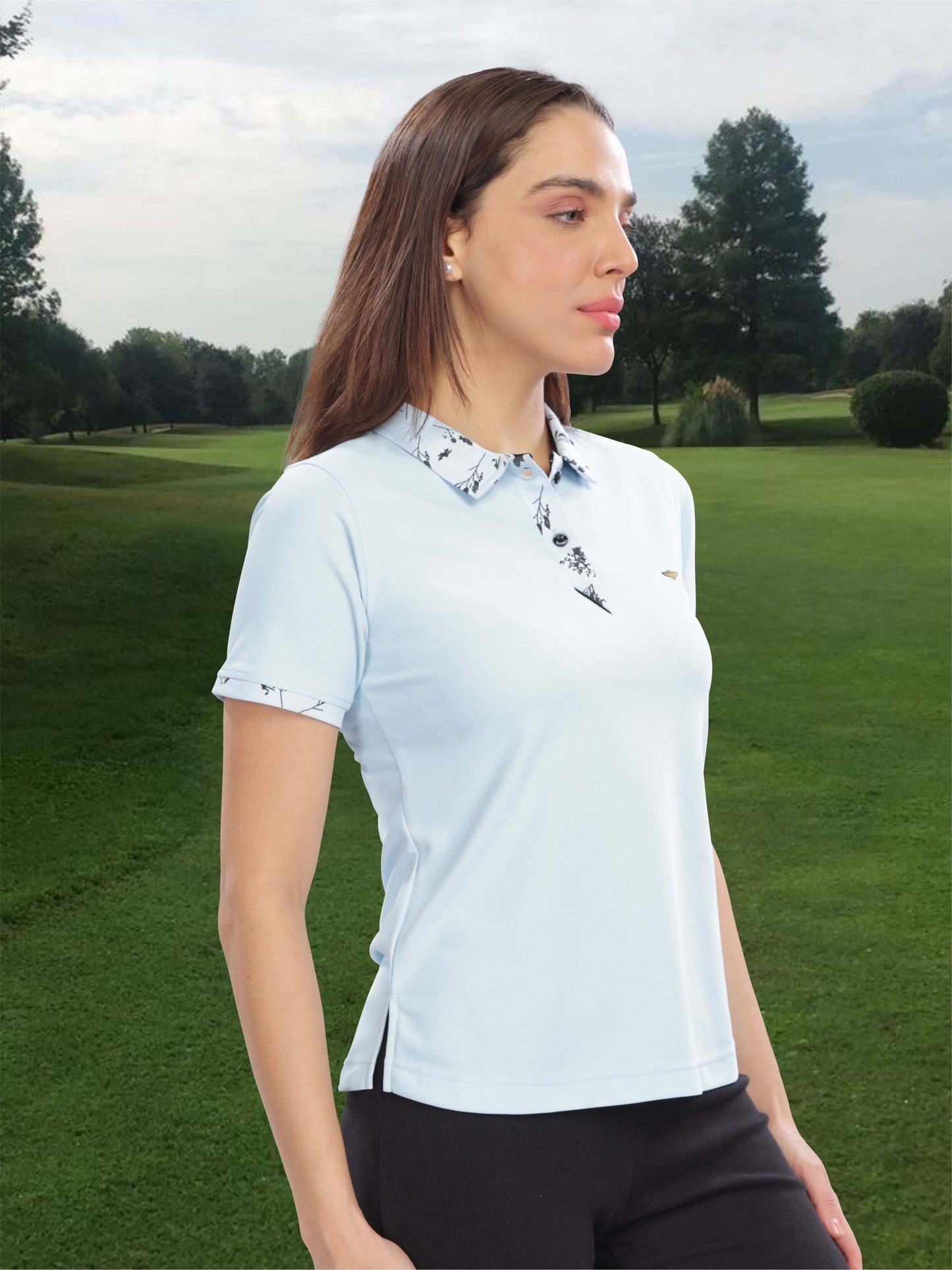 Ice Blue Women's Jacquard Polo Collar T Shirt