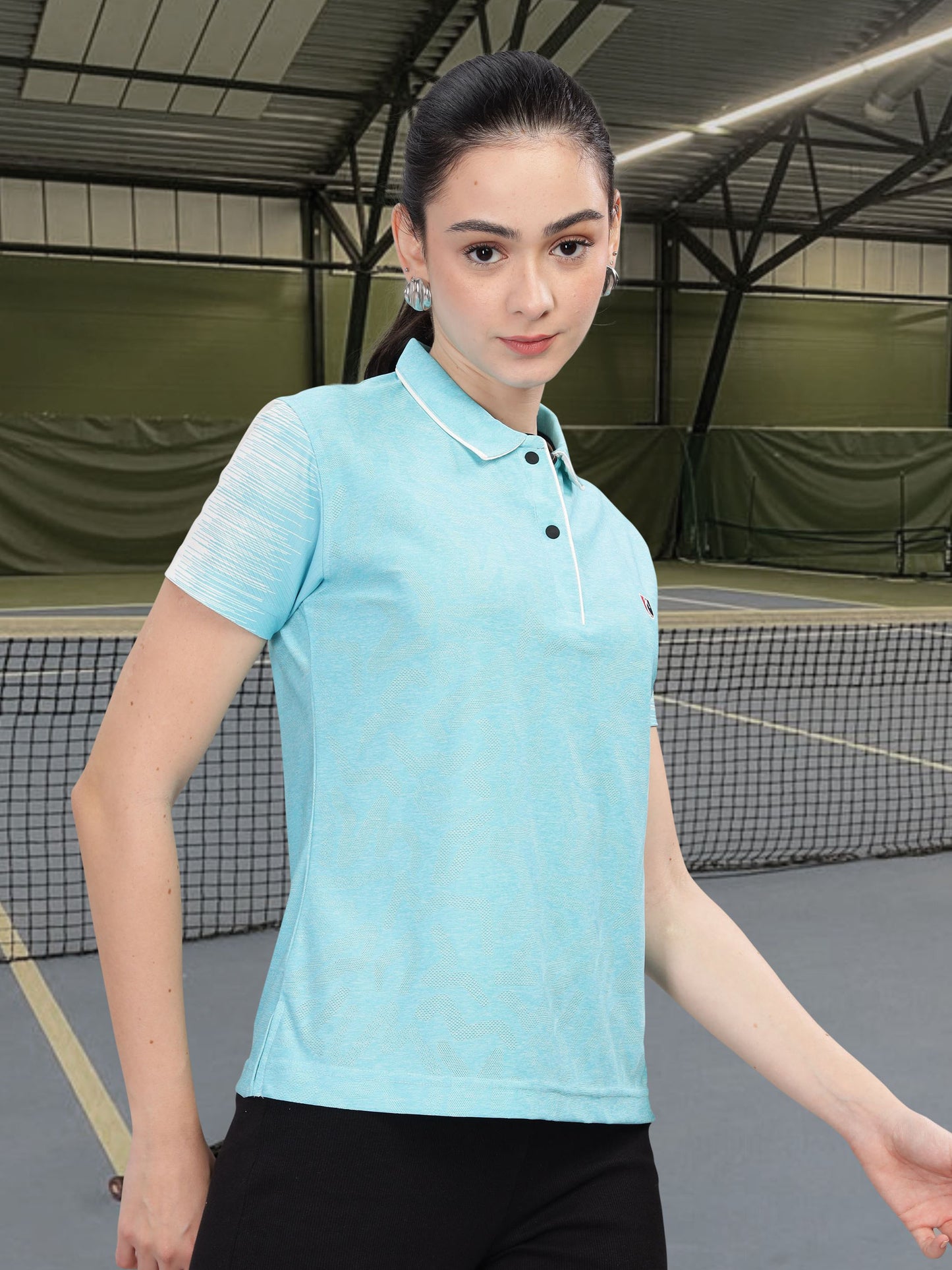 Turquoise Blue Women Active Wear Polo T-shirt