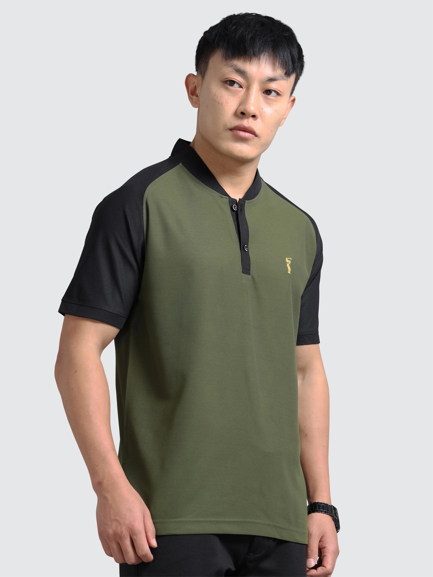 Men’s Olive Green Chinese Collar Polo T-shirt – Raglan Sleeves | Wrinkle-Free | Quick Dry | Odour-Free | Stretchable | UV Protected