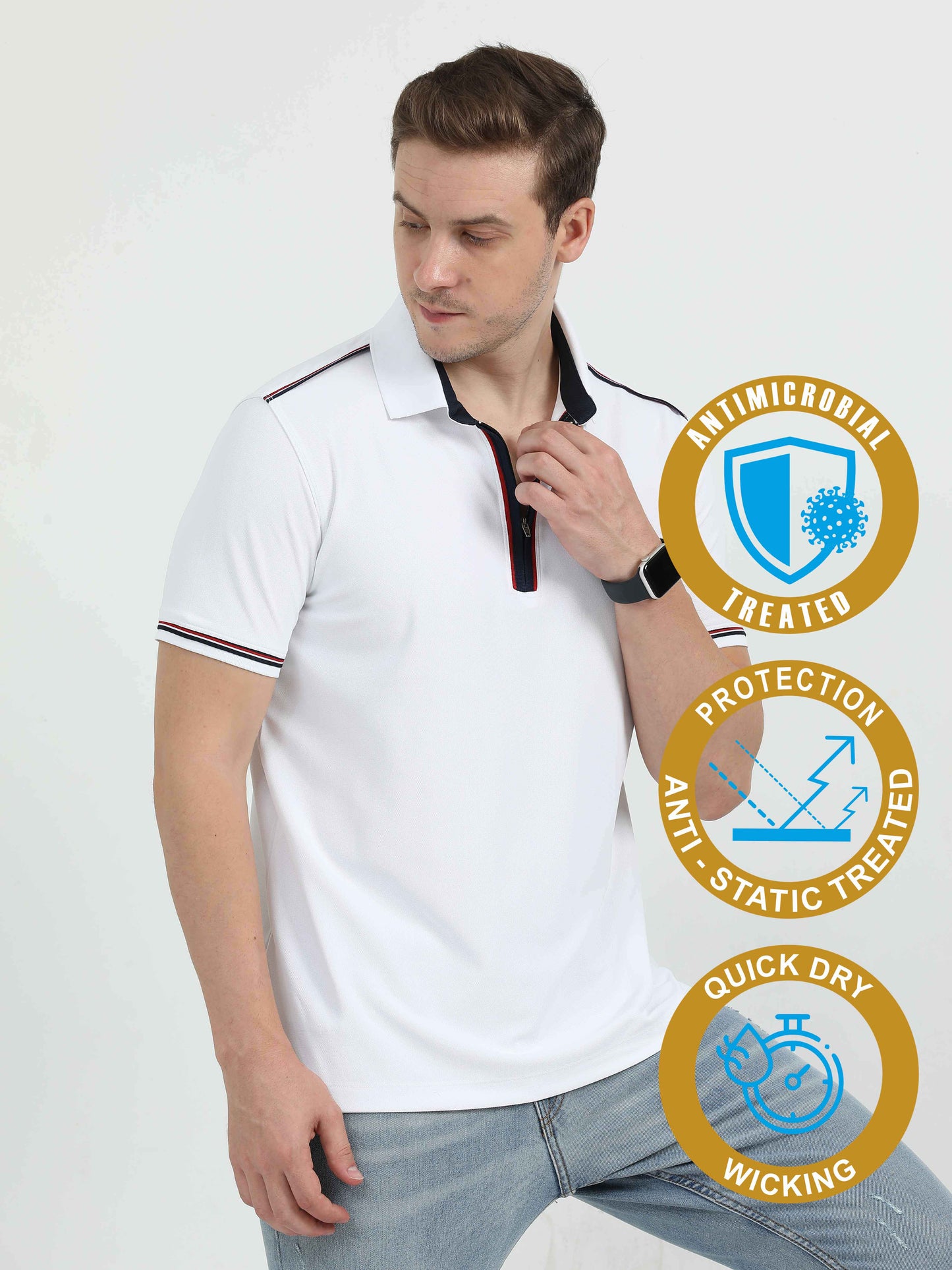 White Men's Zipper Placket Polo T-Shirt | Quick Dry | Stretchable | UV Protected | Wrinkle & Odour-Free