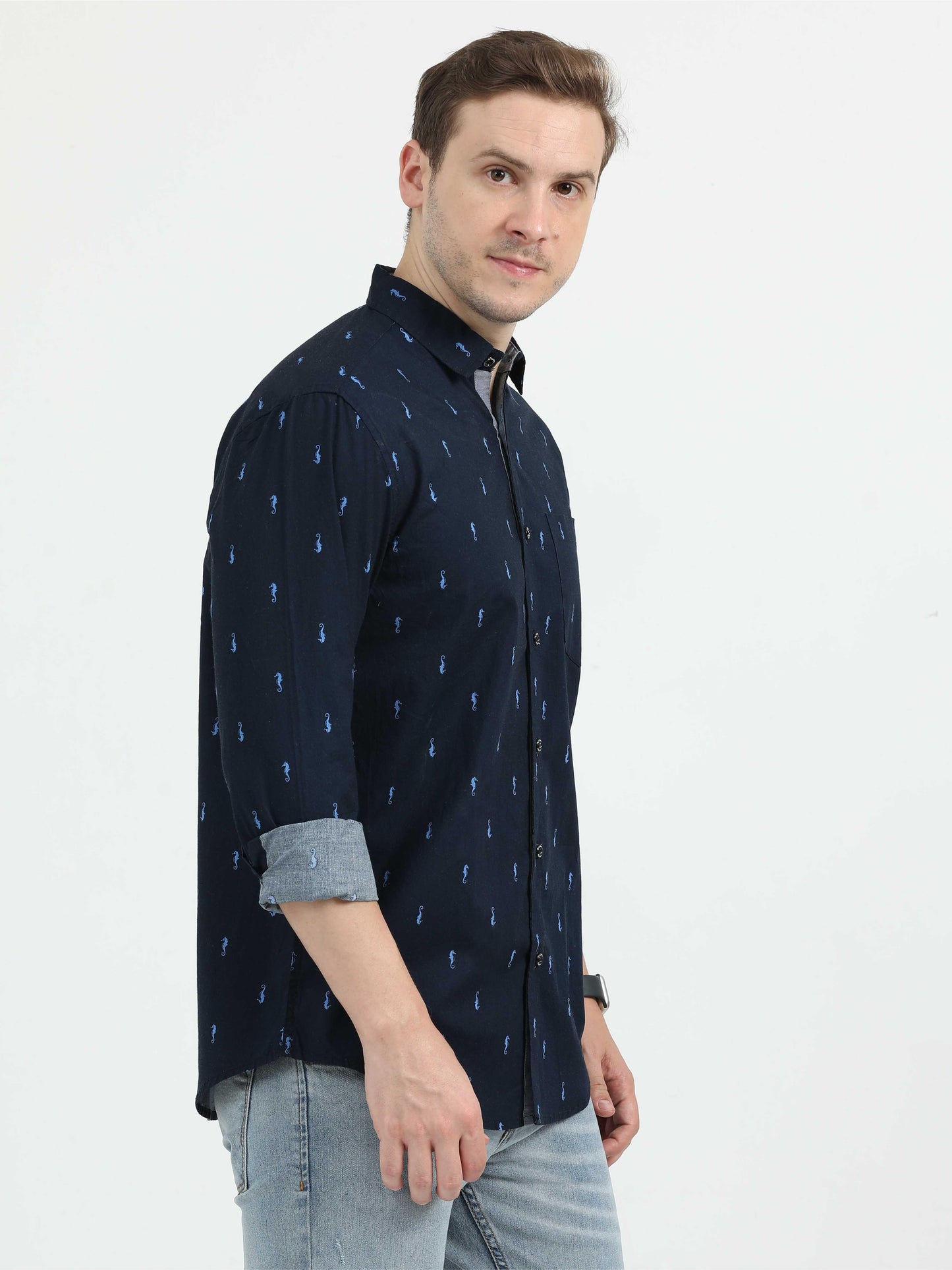 Navy Blue Printed Casual Shirt for Men