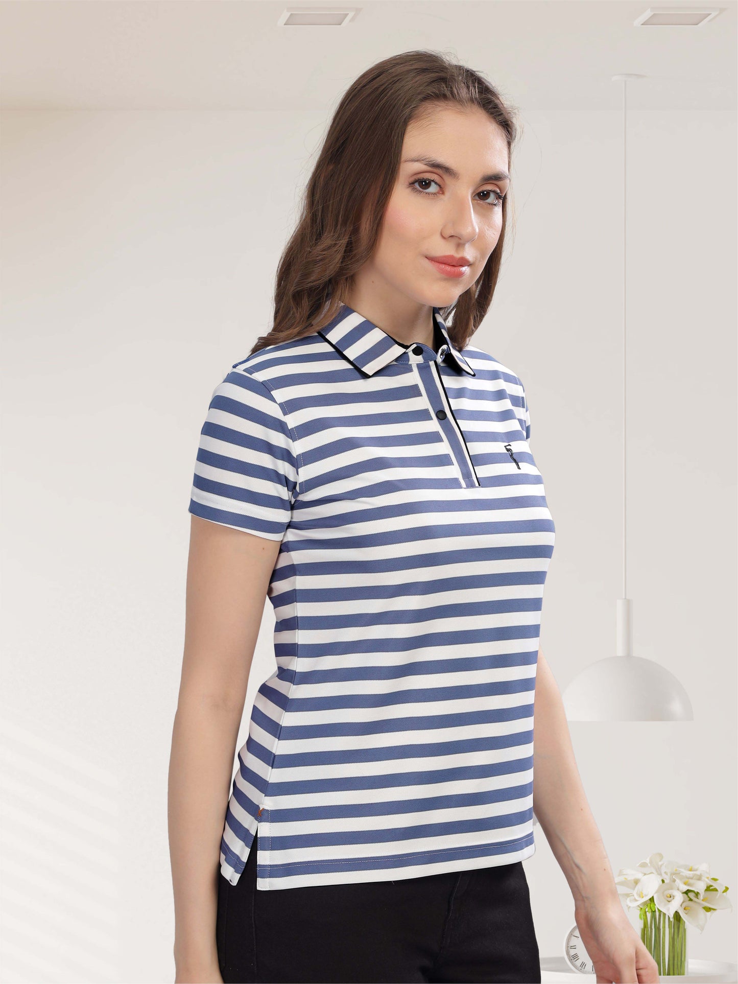 Deep Purple Women's Stripes Polo T Shirt