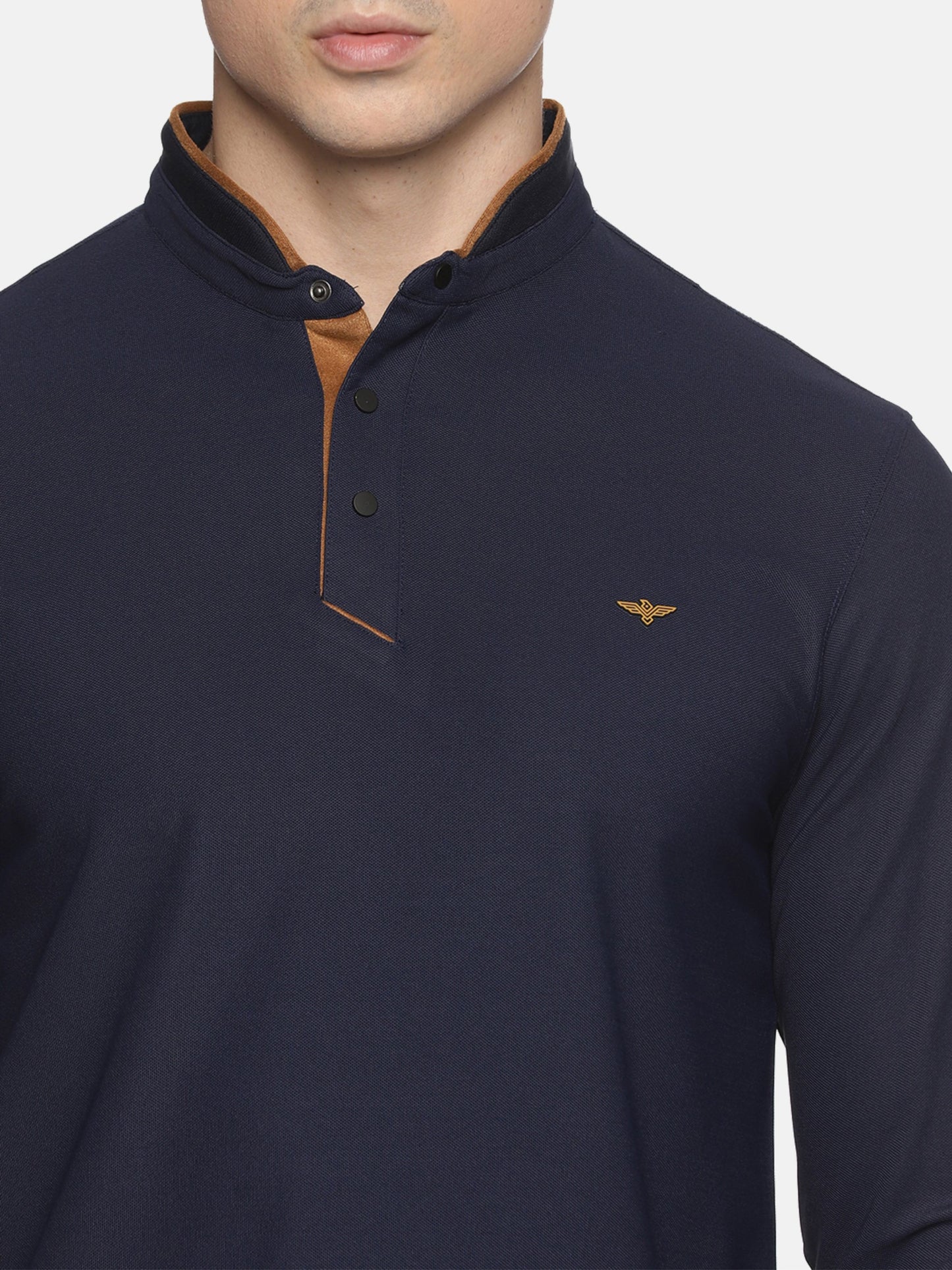 Navy Blue Henley Men's Full Sleeve Snap Button T-Shirt