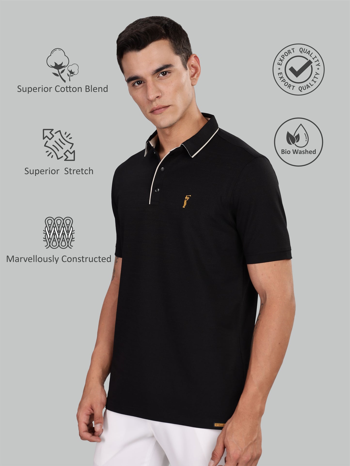Men's Black Premium Pique Crush Polo T-Shirt