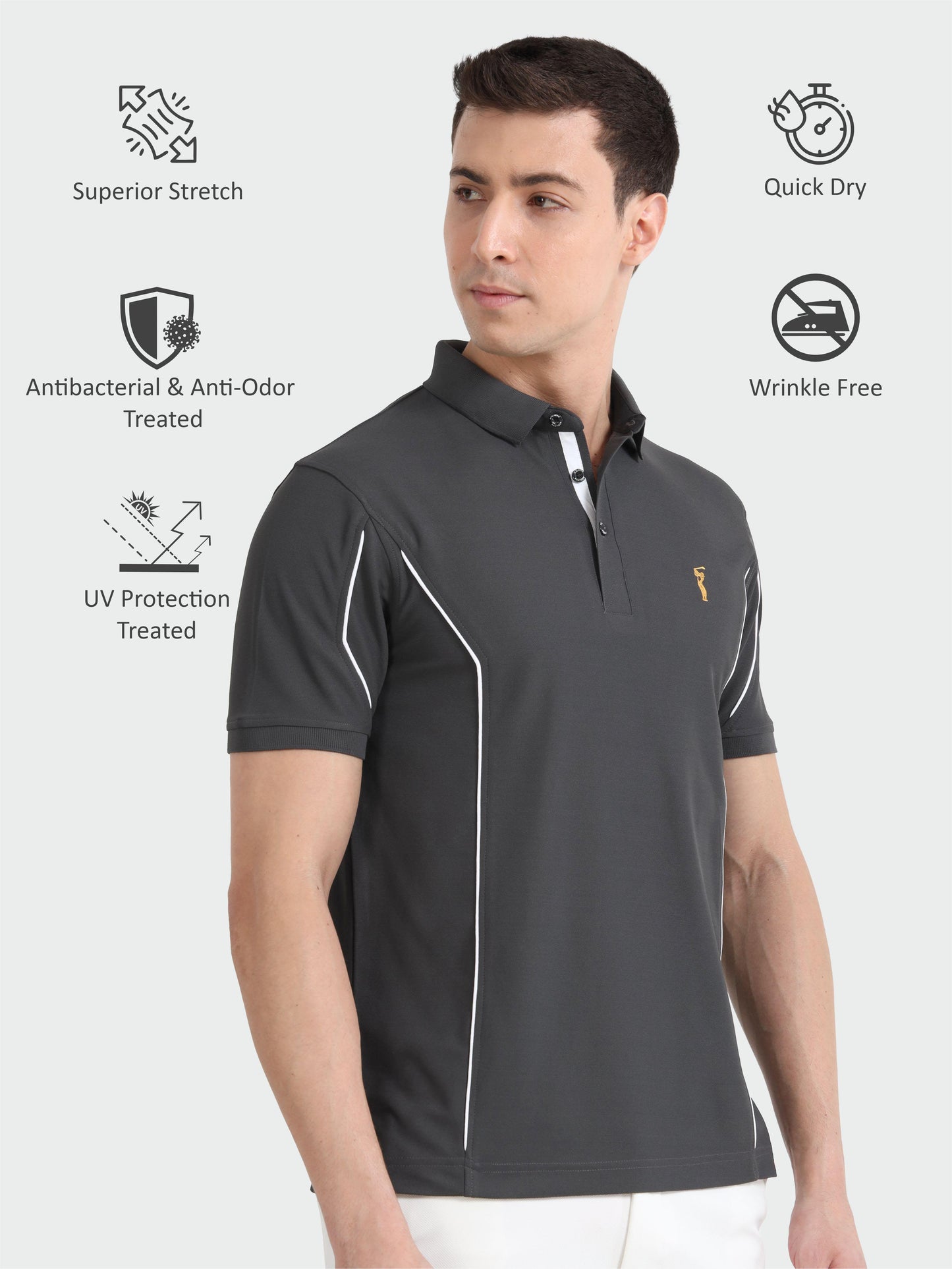 Dark Grey-Men's Piping Design Polo T-Shirt | Wrinkle-Free | Quick Dry | Stretchable | Odour-Free | UV Protected