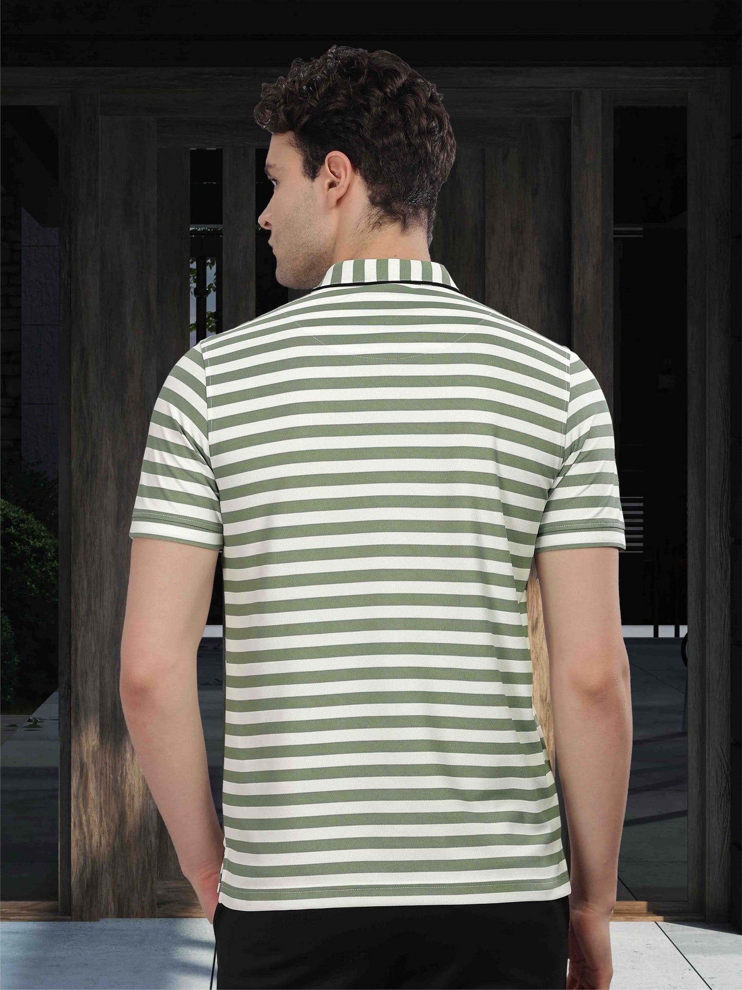 Green Men's Stripes Polo T-Shirt | Quick Dry | Stretchable | UV Protected | Wrinkle & Odour-Free