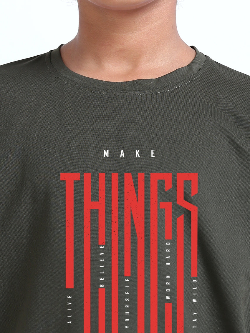Olive Green-Make Things Printed Crew Neck T-Shirt