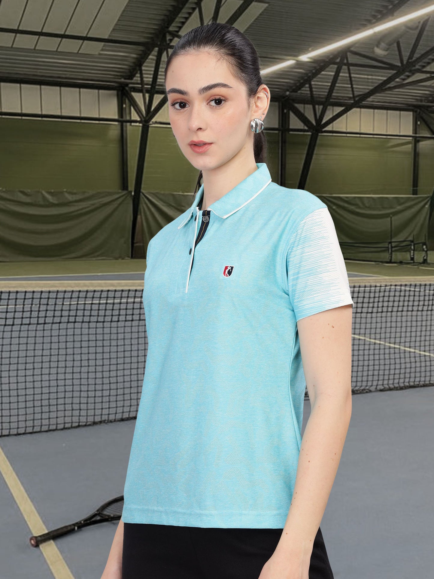 Turquoise Blue Women Active Wear Polo T-shirt