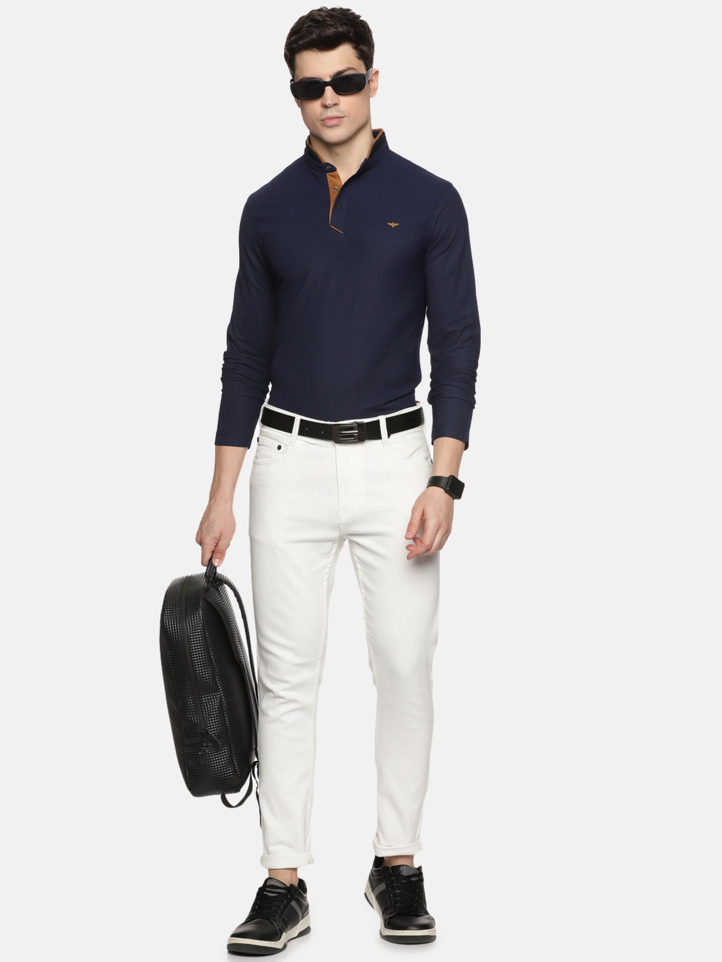 Navy Blue Henley Men's Full Sleeve Snap Button T-Shirt