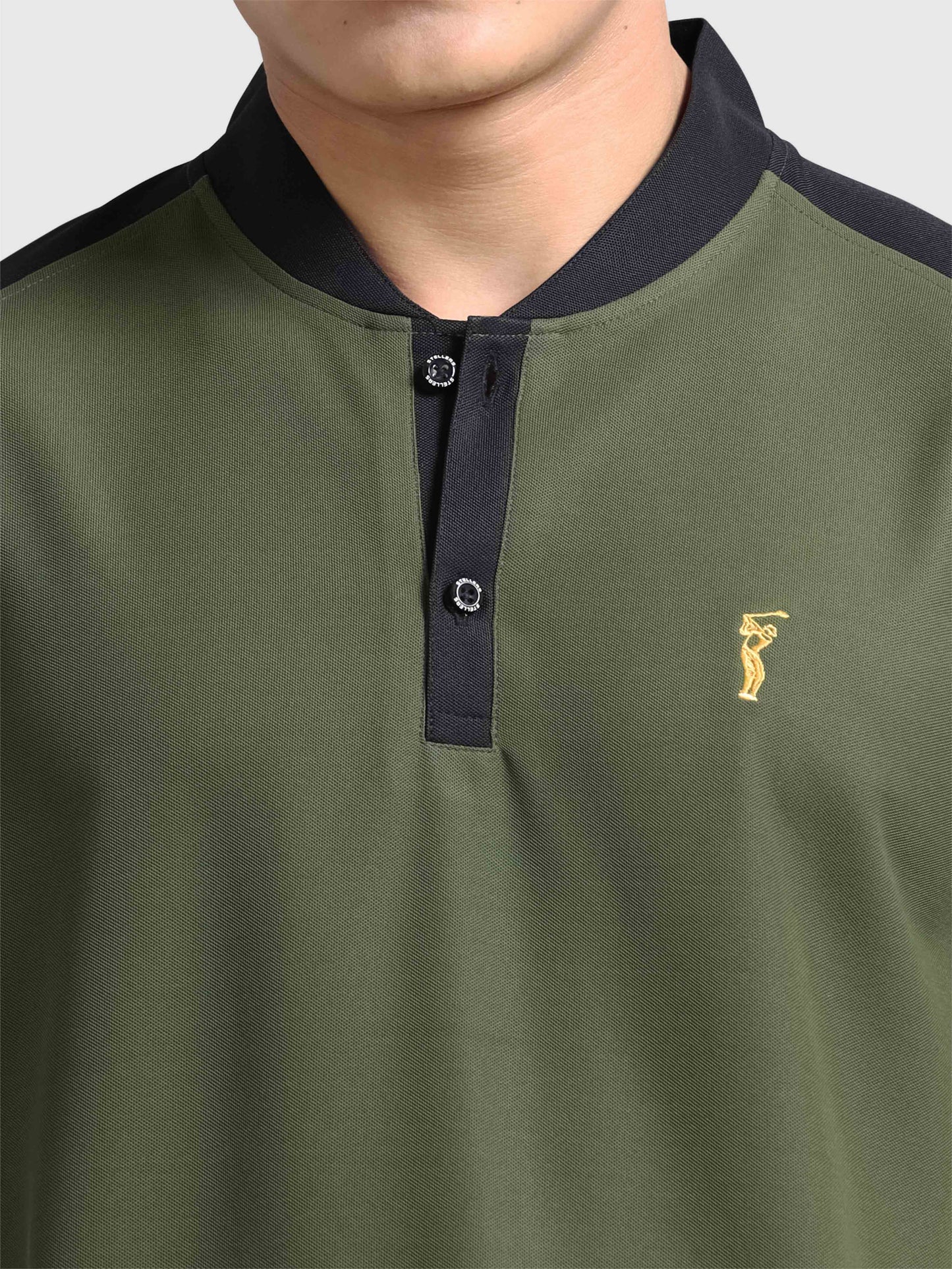 Men’s Olive Green Chinese Collar Polo T-shirt – Raglan Sleeves | Wrinkle-Free | Quick Dry | Odour-Free | Stretchable | UV Protected